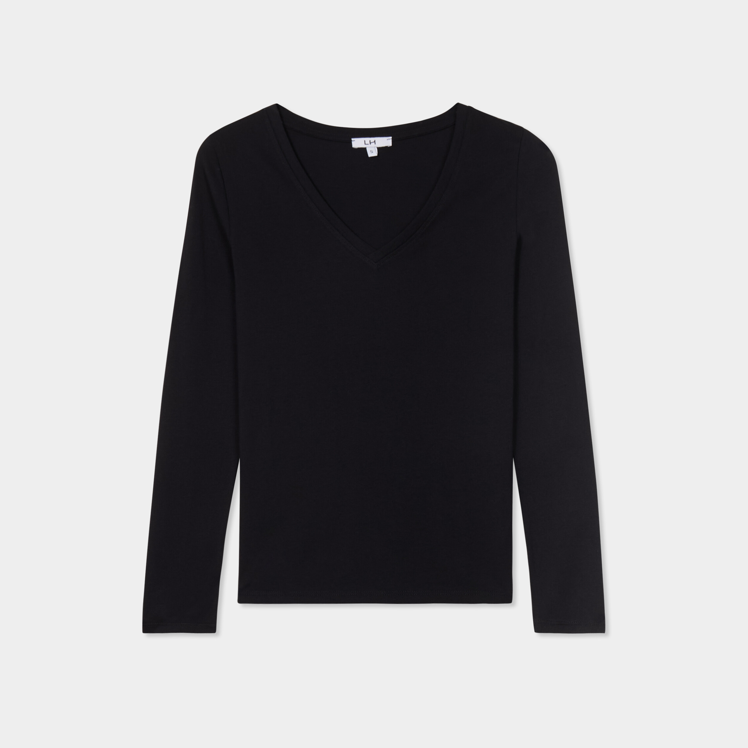 T-shirt col en V manches longues coton noir femme