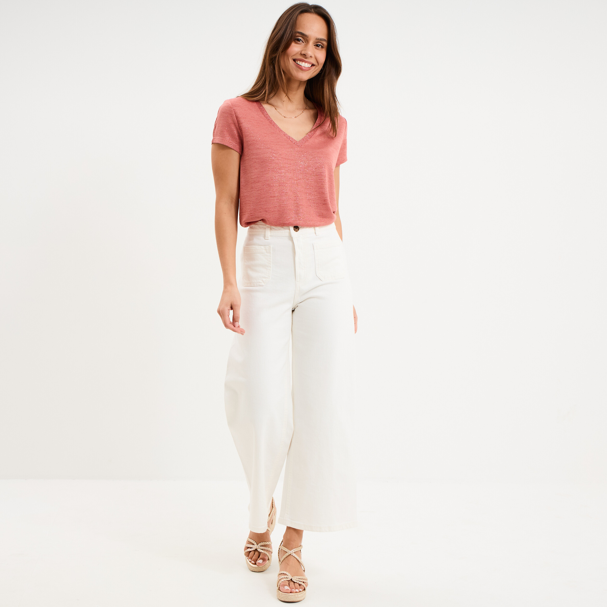 T-shirt col en V manches courtes terracotta femme