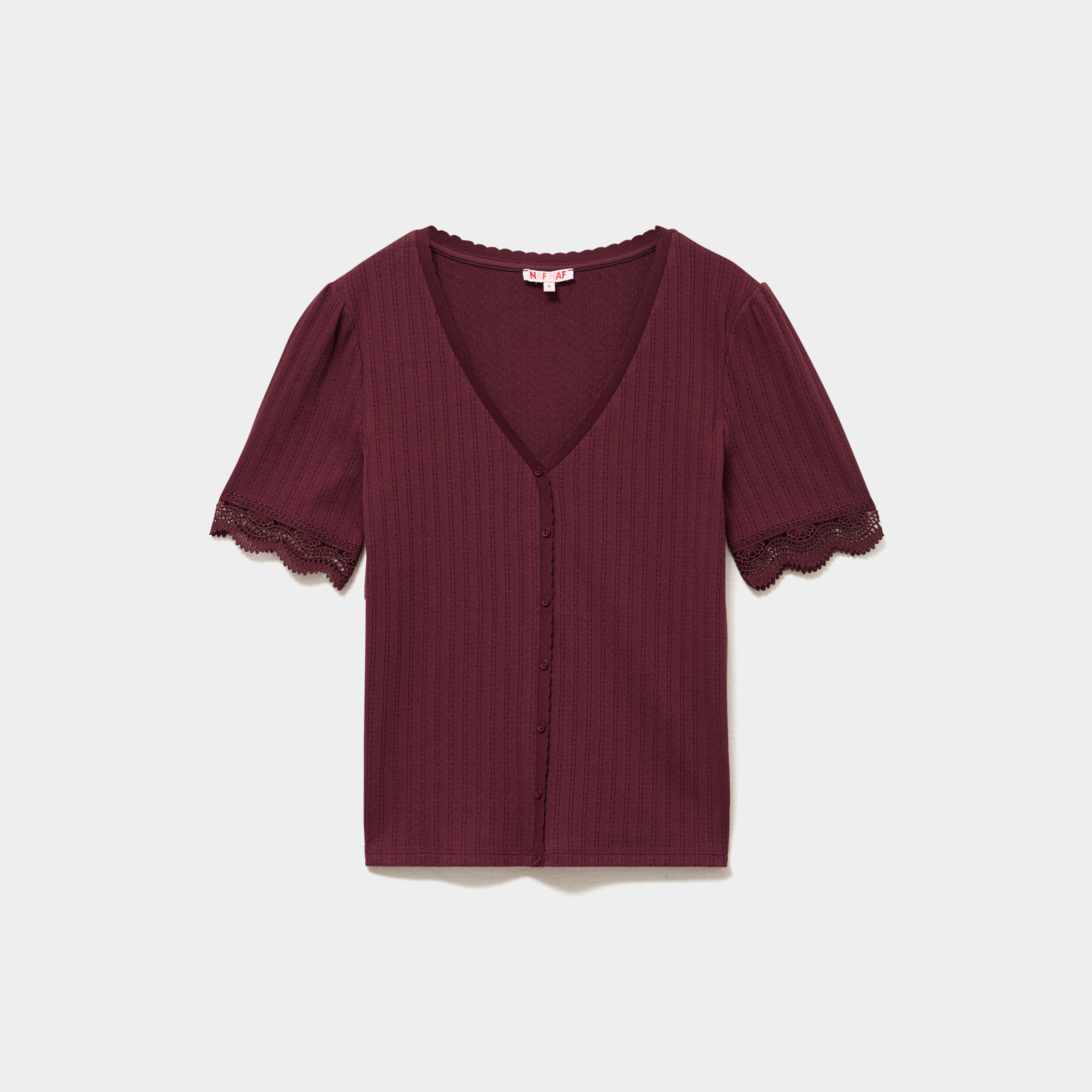 Blouse manches courtes col V dentelle violet fonc&eacute; femme
