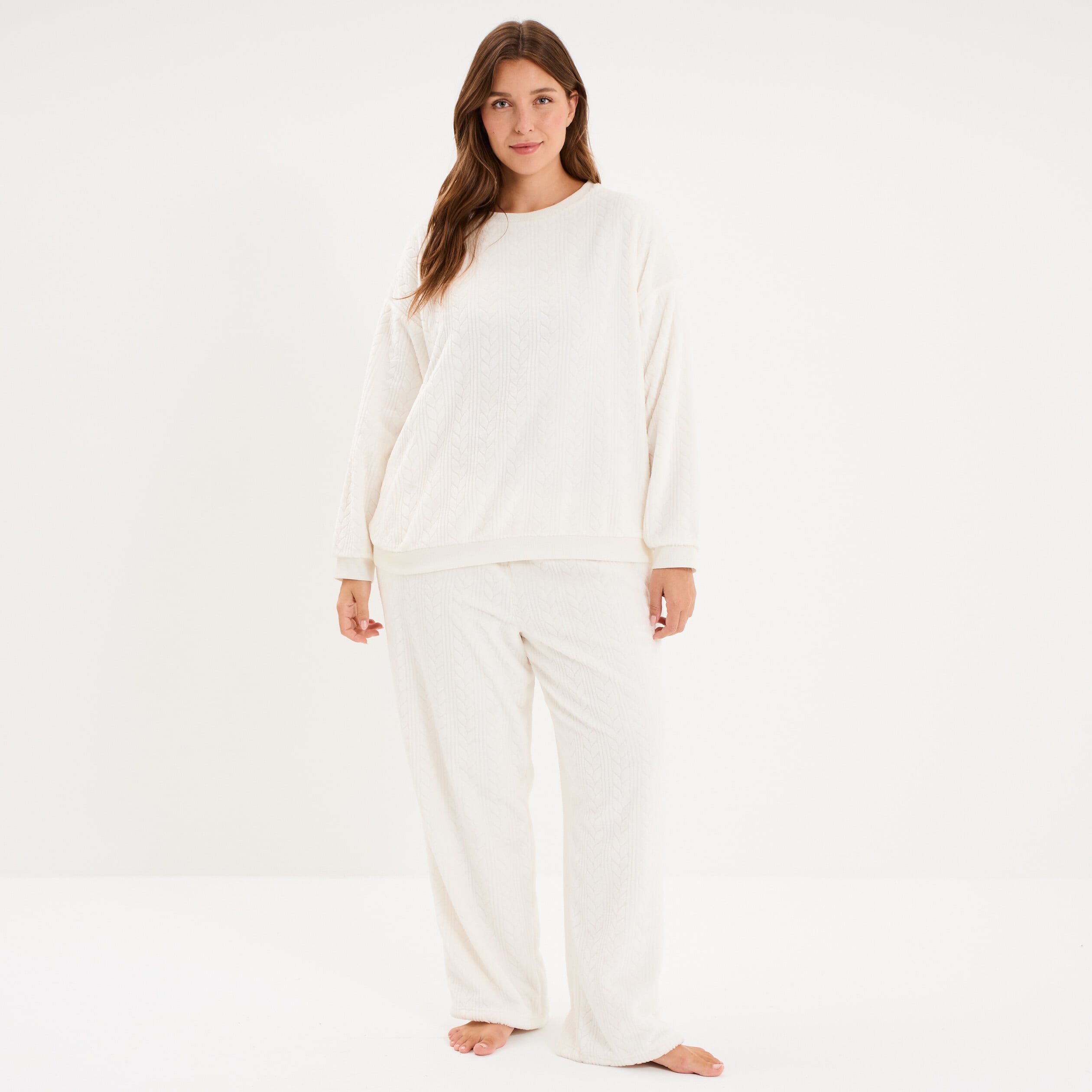 Sweat d&eacute;tails torsades manches longues blanc femme grande taille