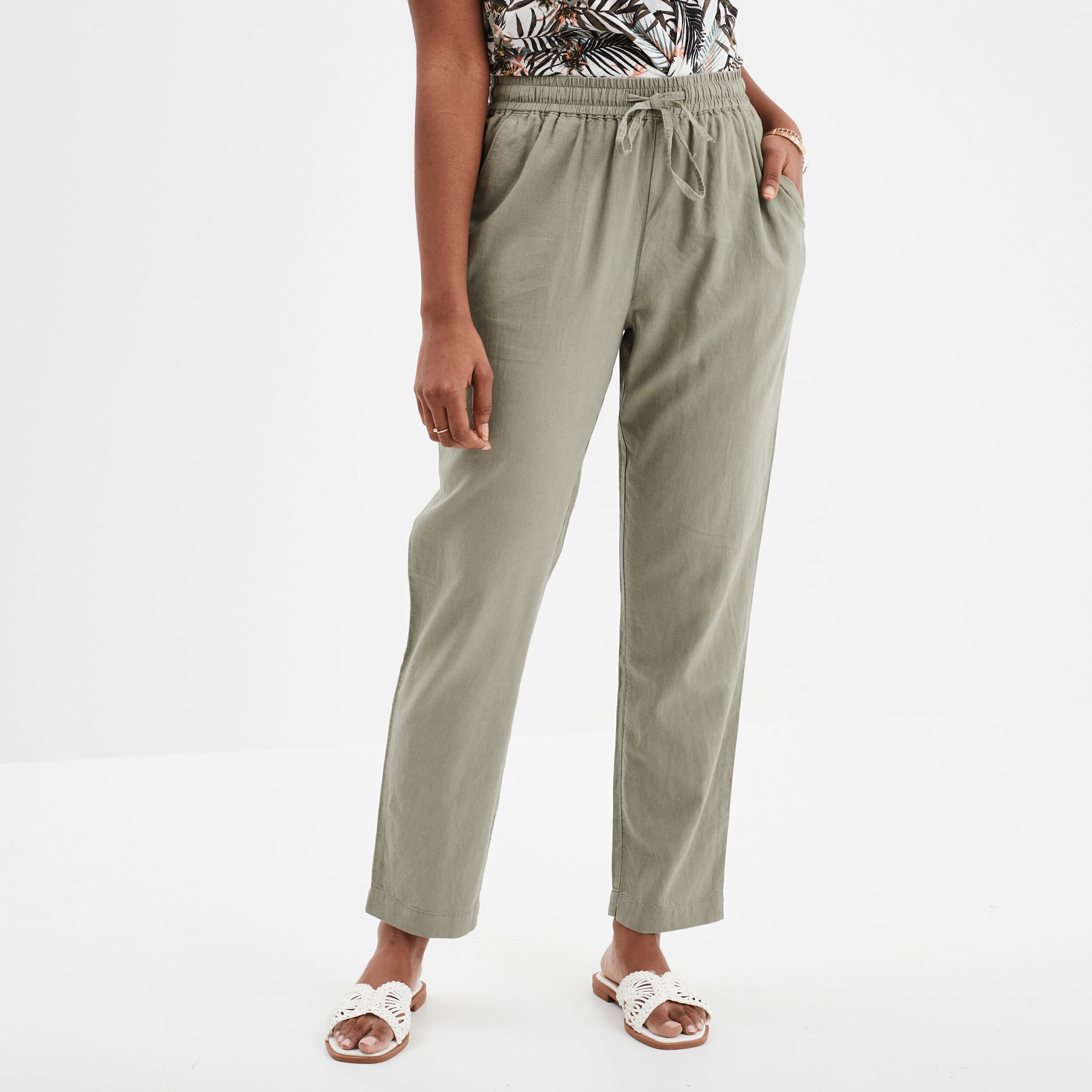 Pantalon droit 7/8&egrave;me lin m&eacute;lang&eacute; vert kaki femme