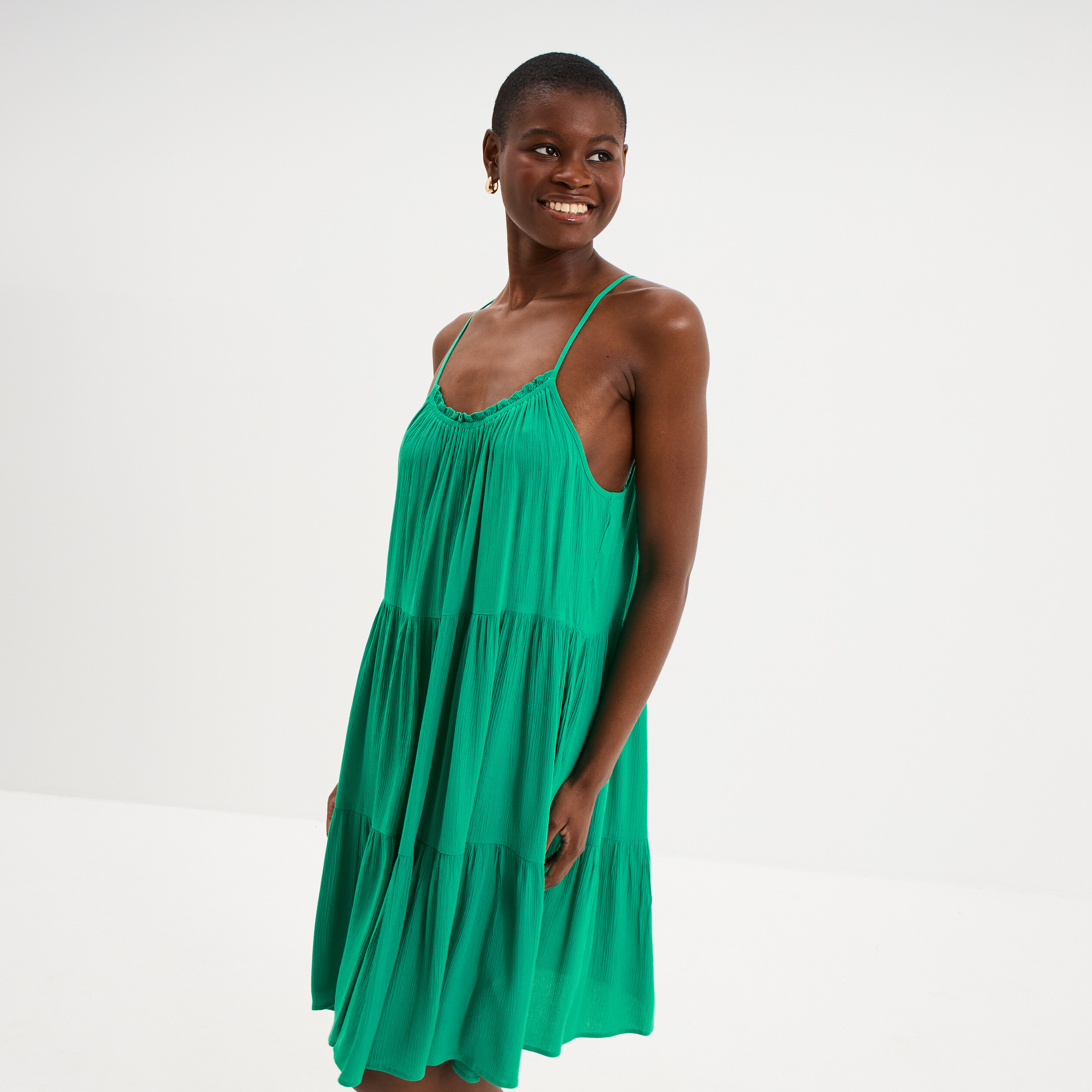 Robe fluide &agrave; volants fines bretelles vert canard femme