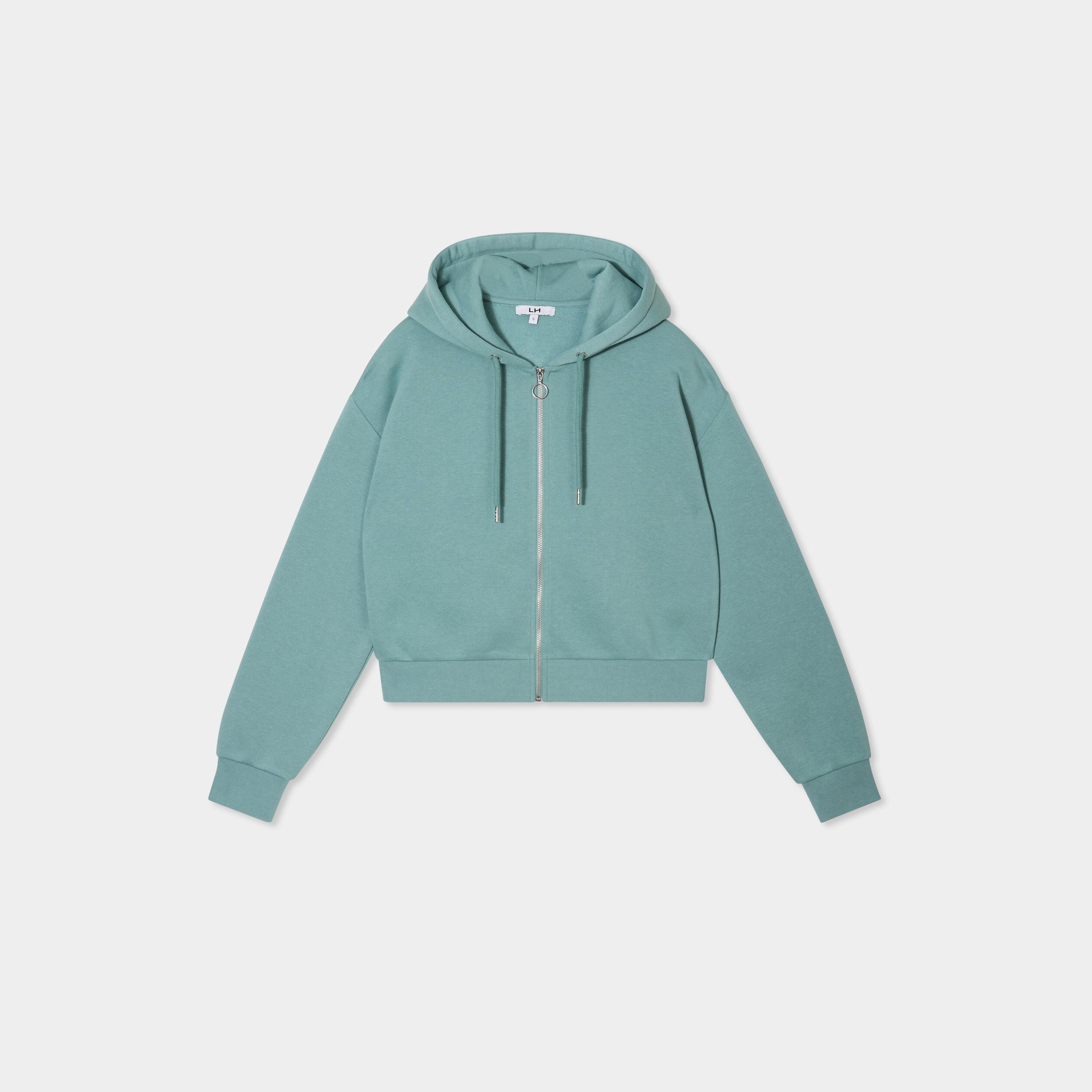 sweat zippe a capuche court bleu gris femme Sweat zippé à capuche court bleu gris femme