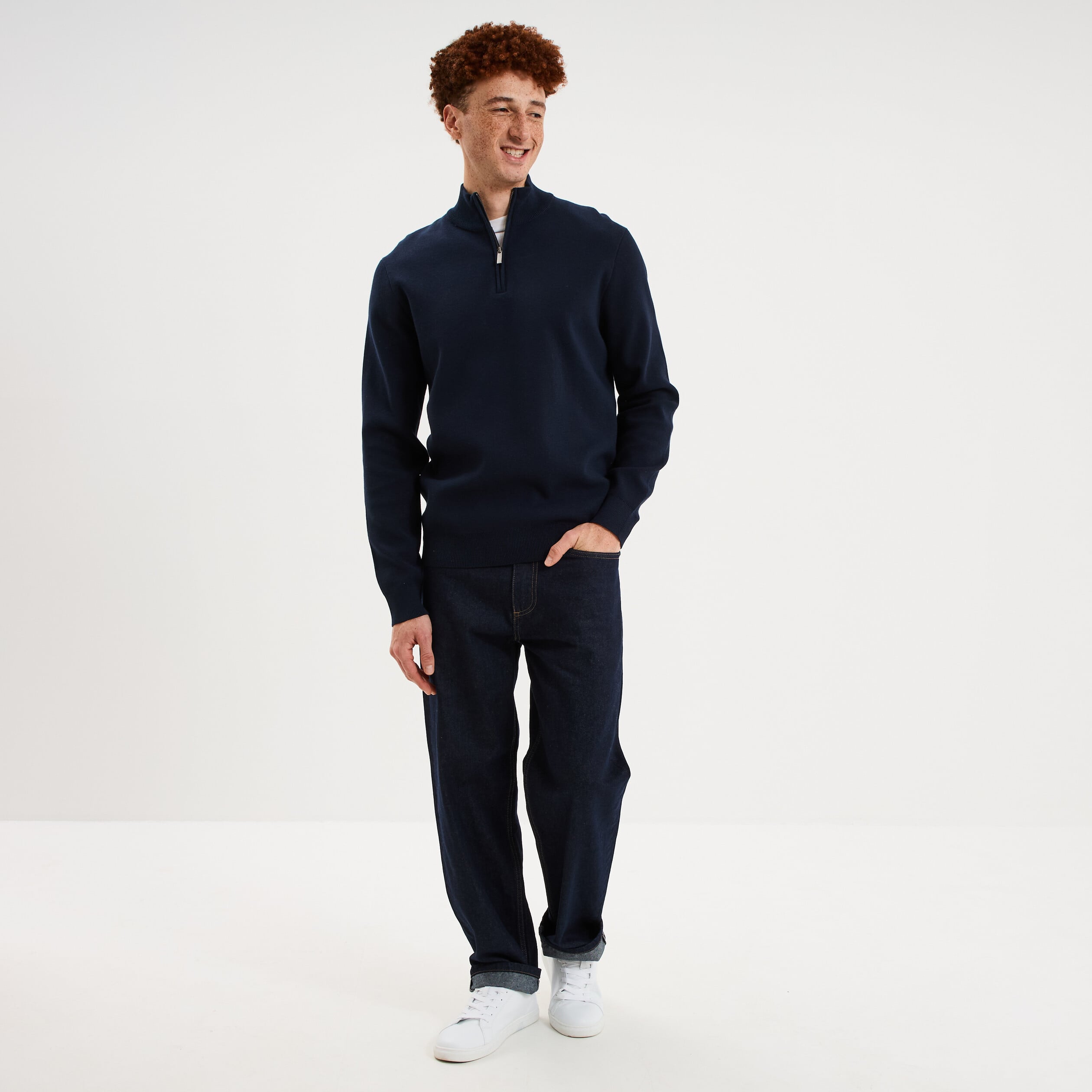 Pull camionneur manches longues bleu marine homme