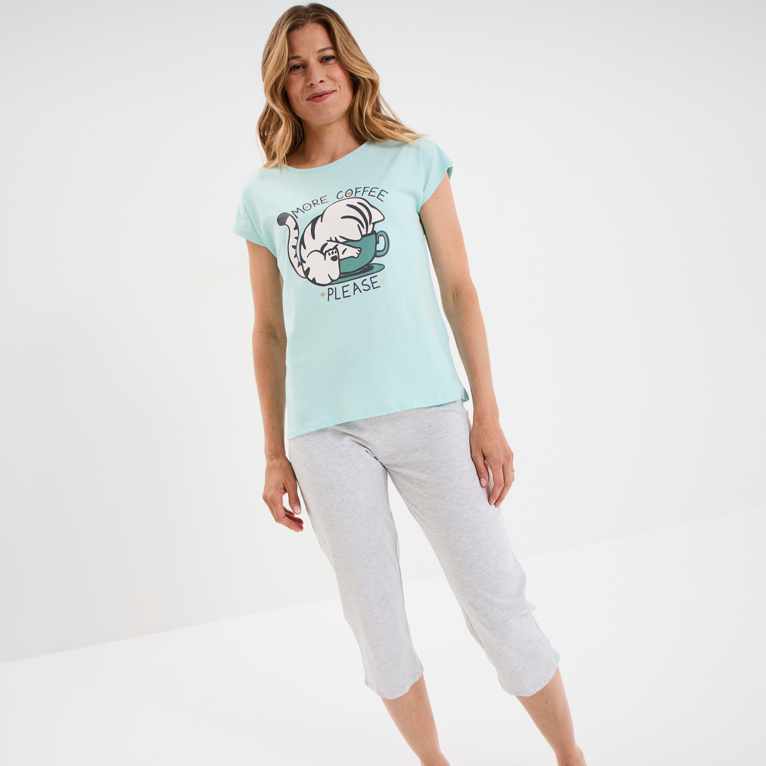 ensemble pyjama corsaire t shirt coton bleu turquoise femme Ensemble pyjama corsaire t-shirt coton bleu turquoise femme