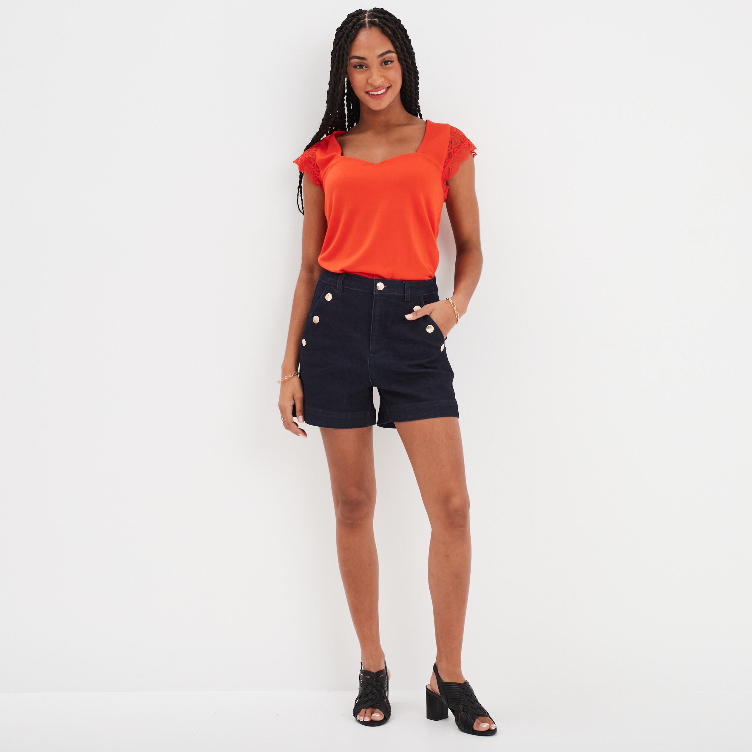 t shirt manches courtes avec dentelle orange femme T-shirt manches courtes avec dentelle orange femme