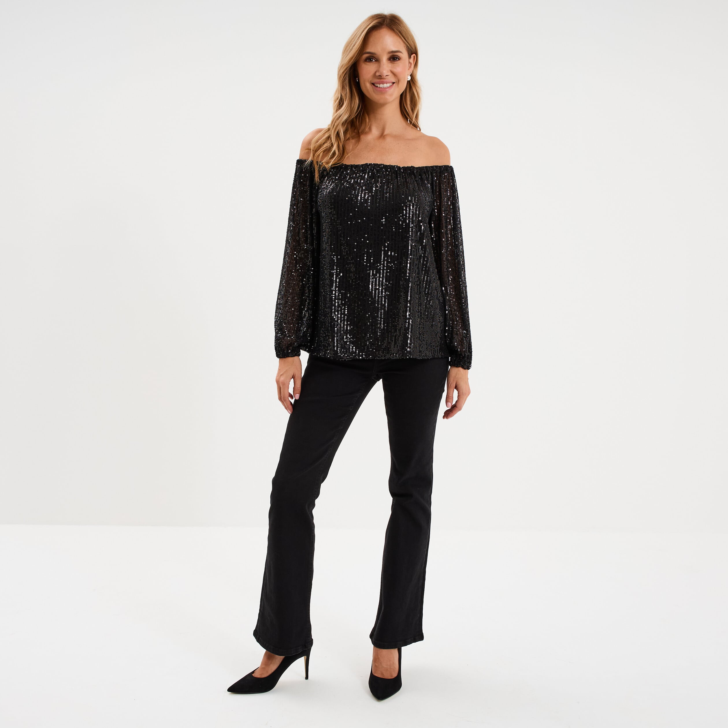T-shirt sequins et col bardot noir femme