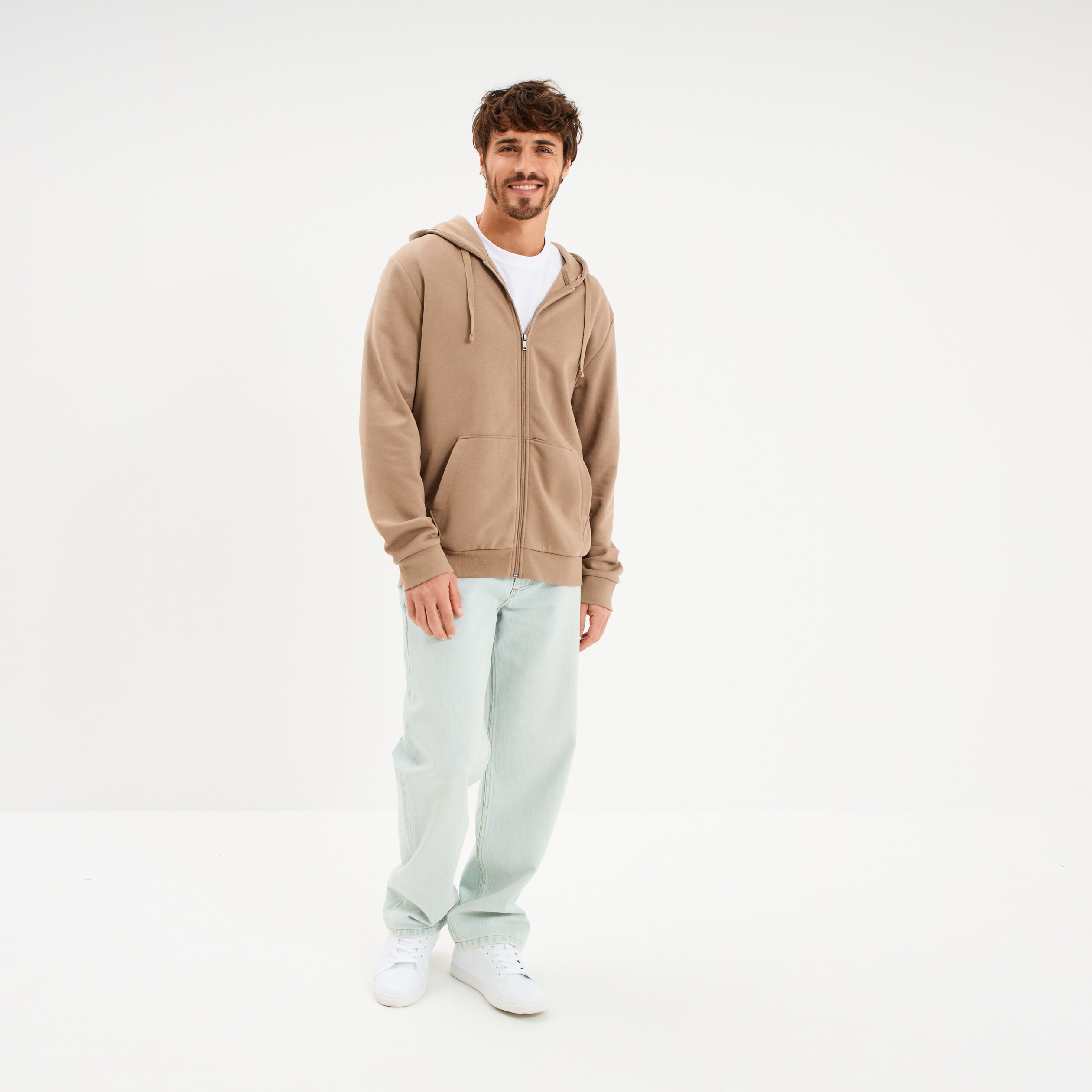 Sweat zipp&eacute; molleton &agrave; capuche taupe homme