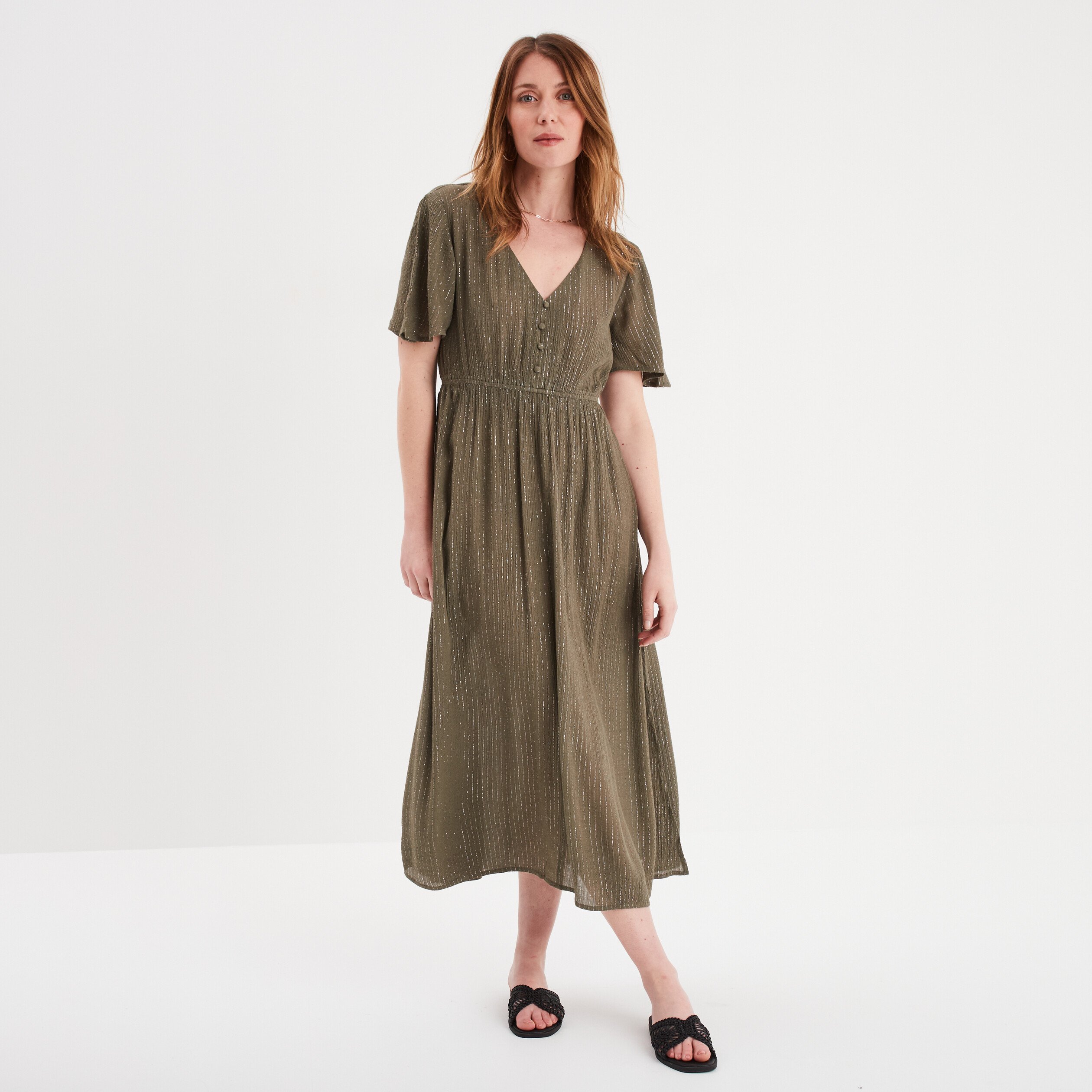 robe longue empire fils metallises vert kaki femme Robe longue empire fils métallisés vert kaki femme