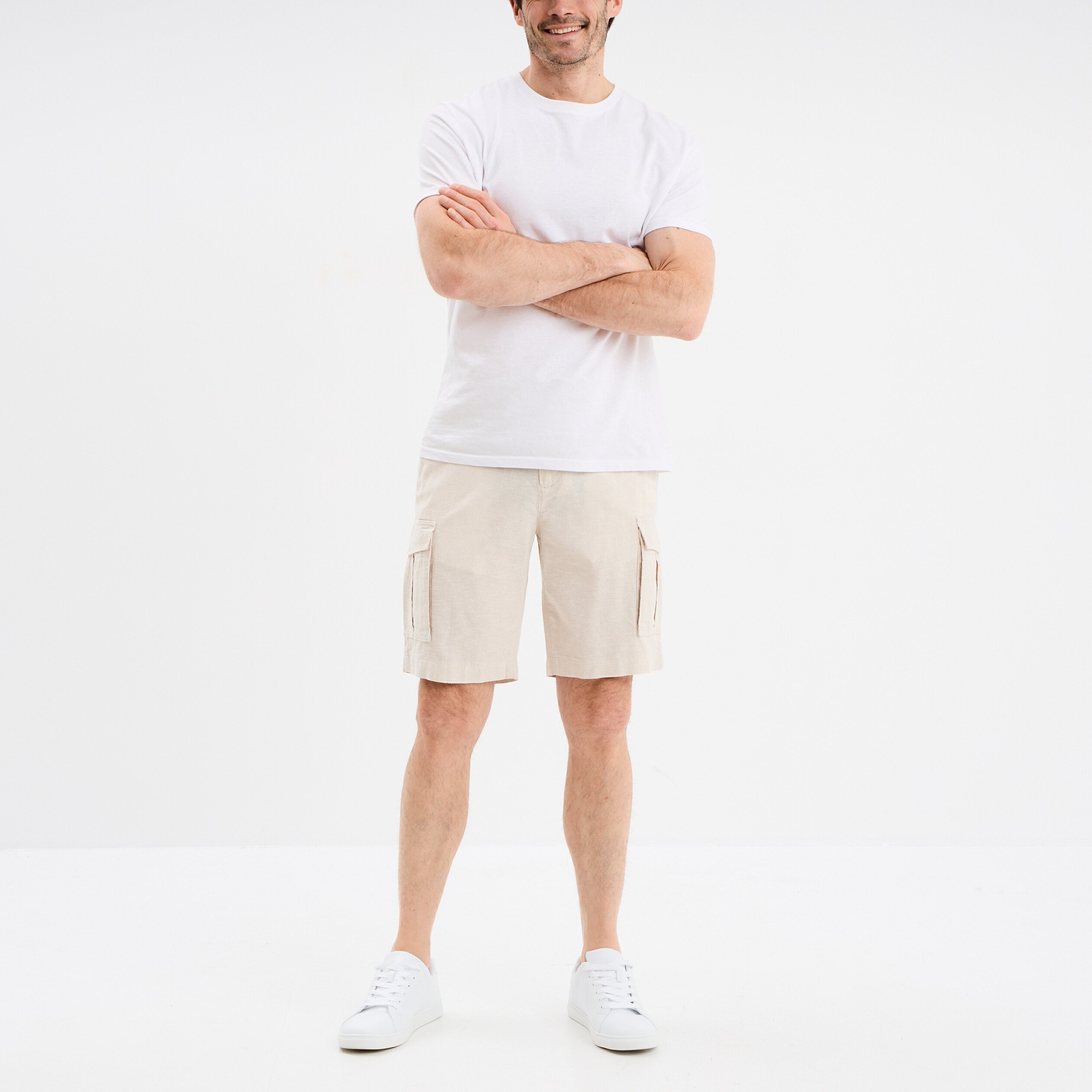 bermuda cargo en lin melange gris clair homme Bermuda cargo en lin mélangé gris clair homme