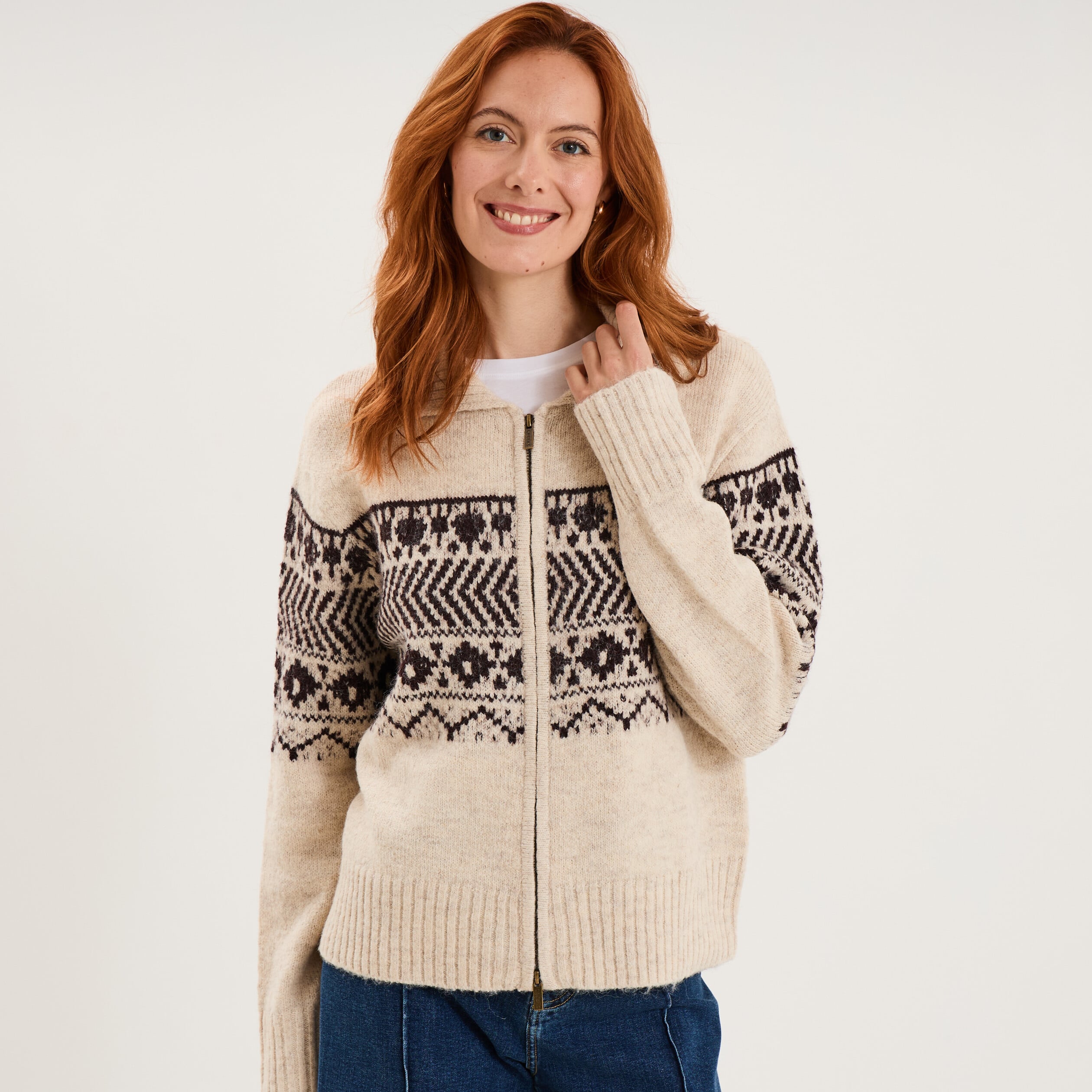 Gilet droit col &agrave; revers zipp&eacute; beige femme