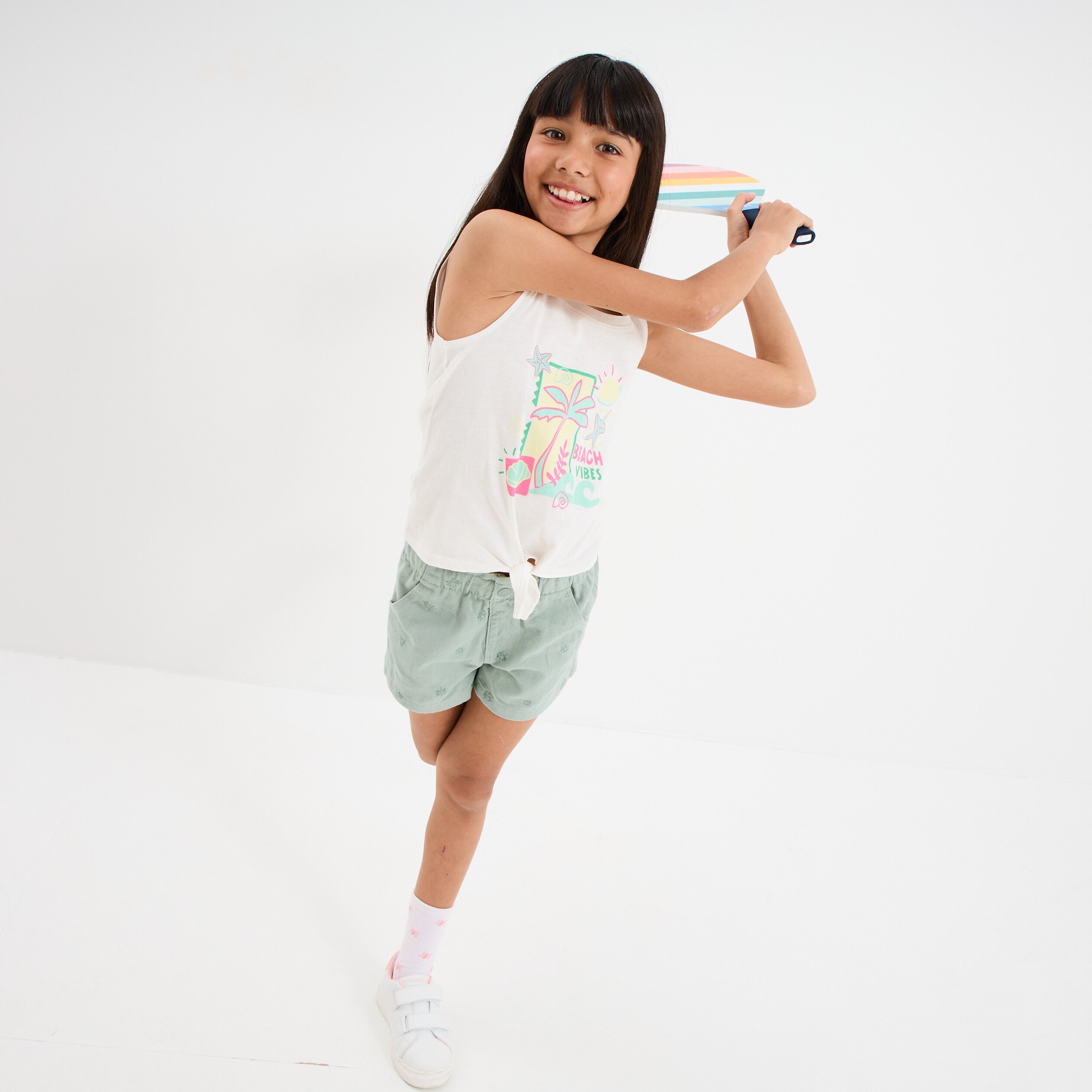 short brode taille elastiquee coton vert kaki fille Short brodé taille élastiquée coton vert kaki fille