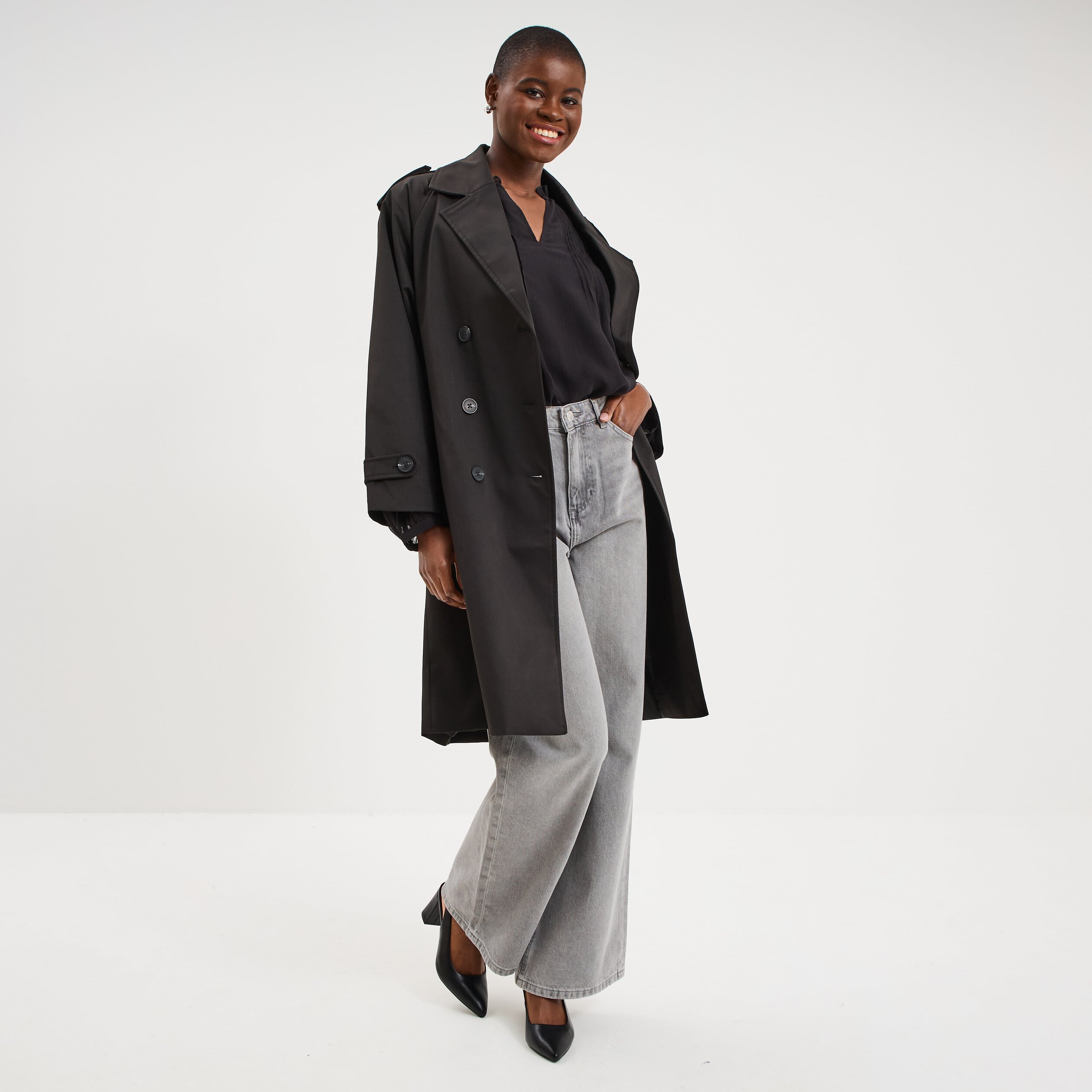 Trench long ceintur&eacute; noir femme