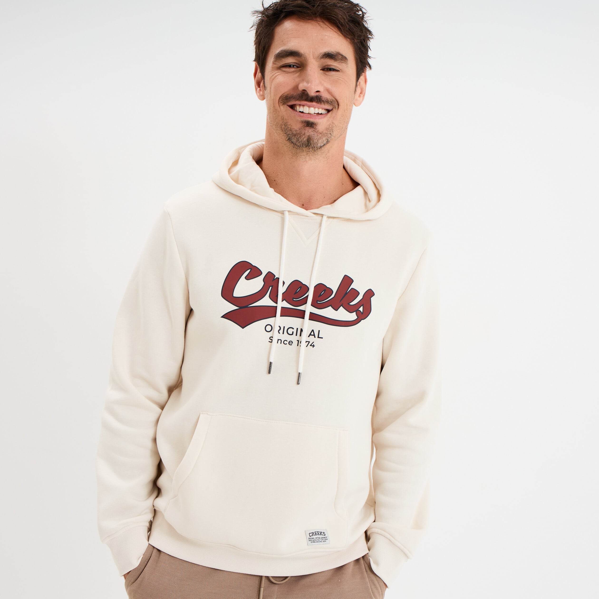 Sweat hoodie &agrave; capuche molleton 1 poche ecru homme