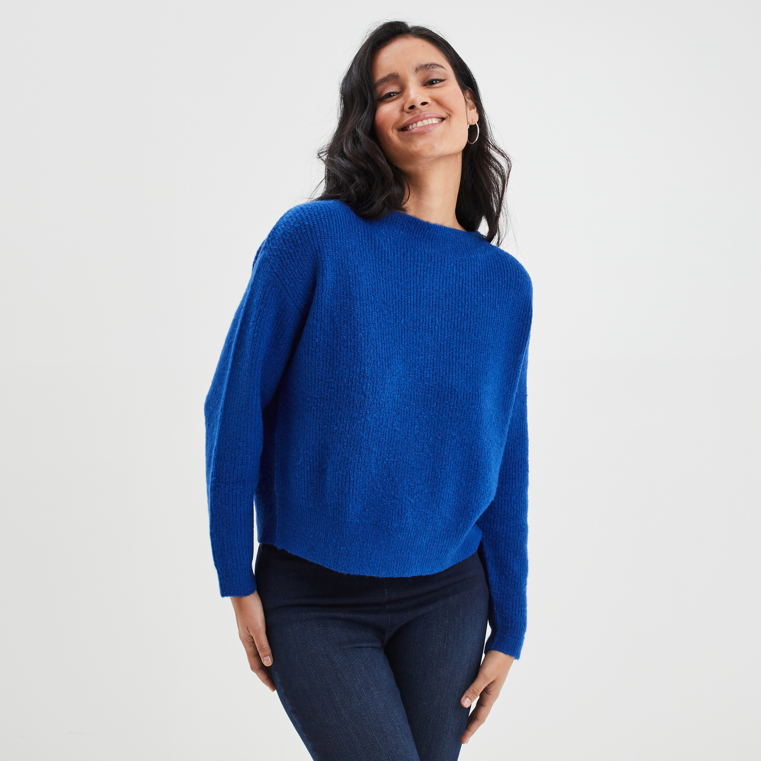 Pull col bateau manches longues bleu electrique femme