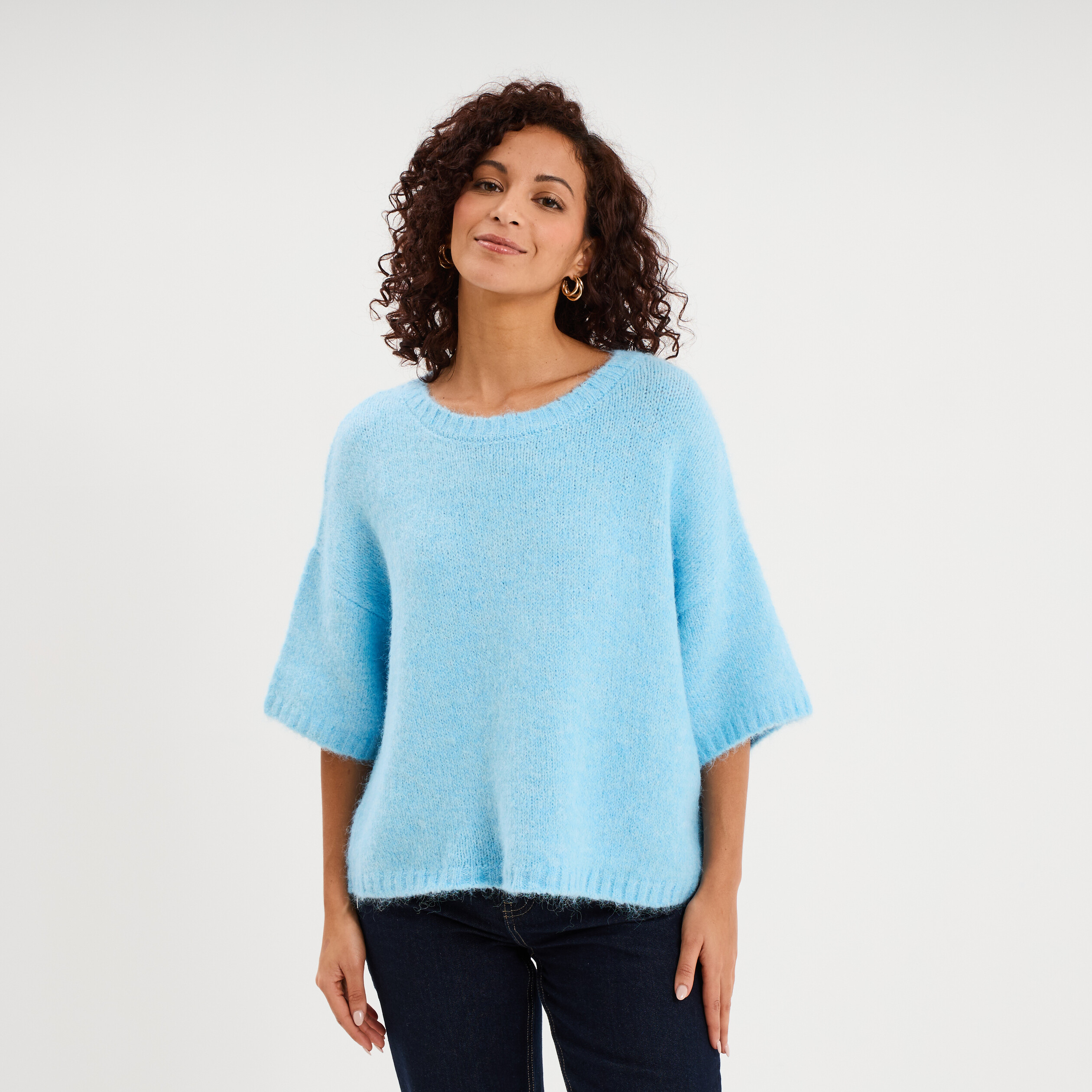 Pull col rond manches courtes bleu clair femme