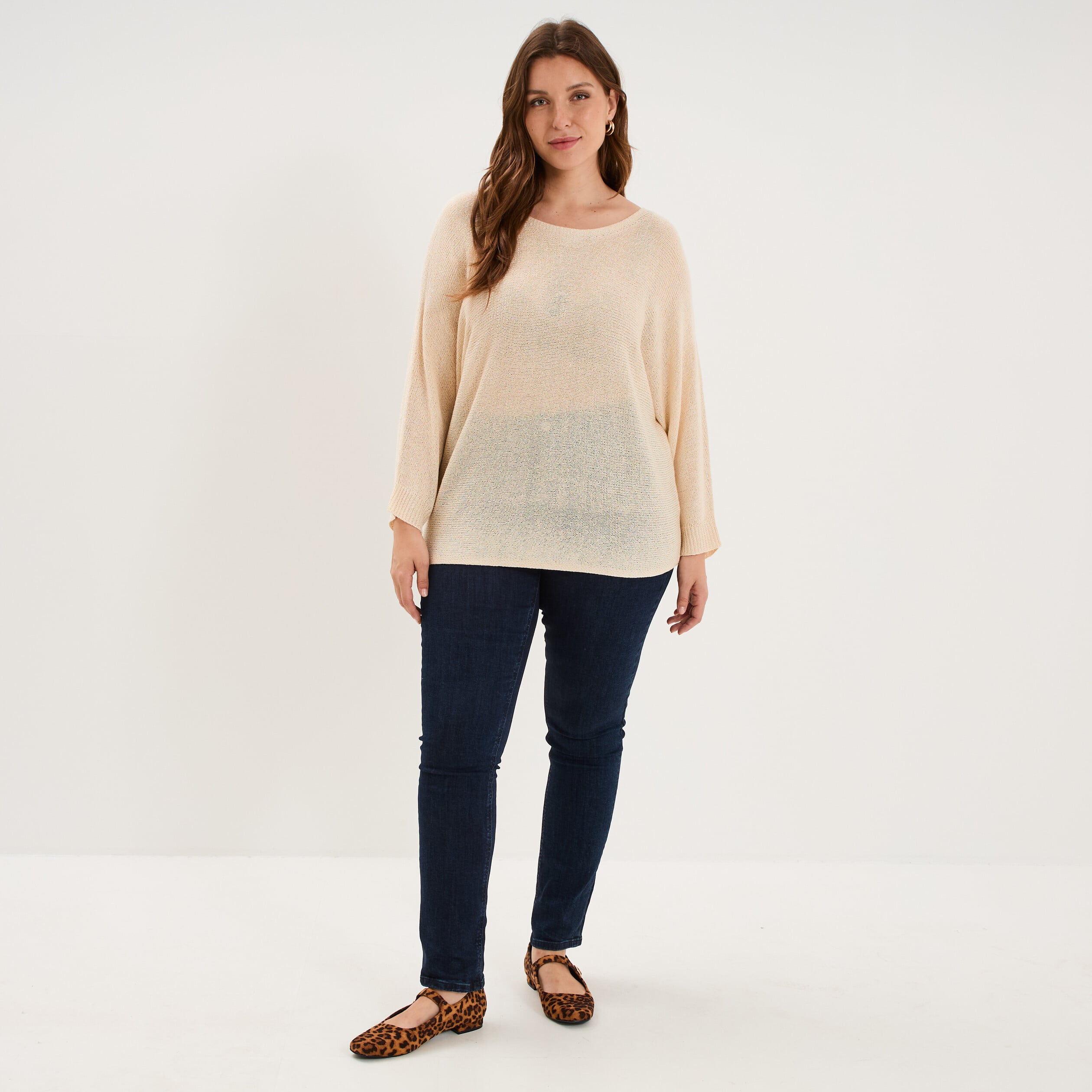 Pull manches longues col rond beige femme grande taille