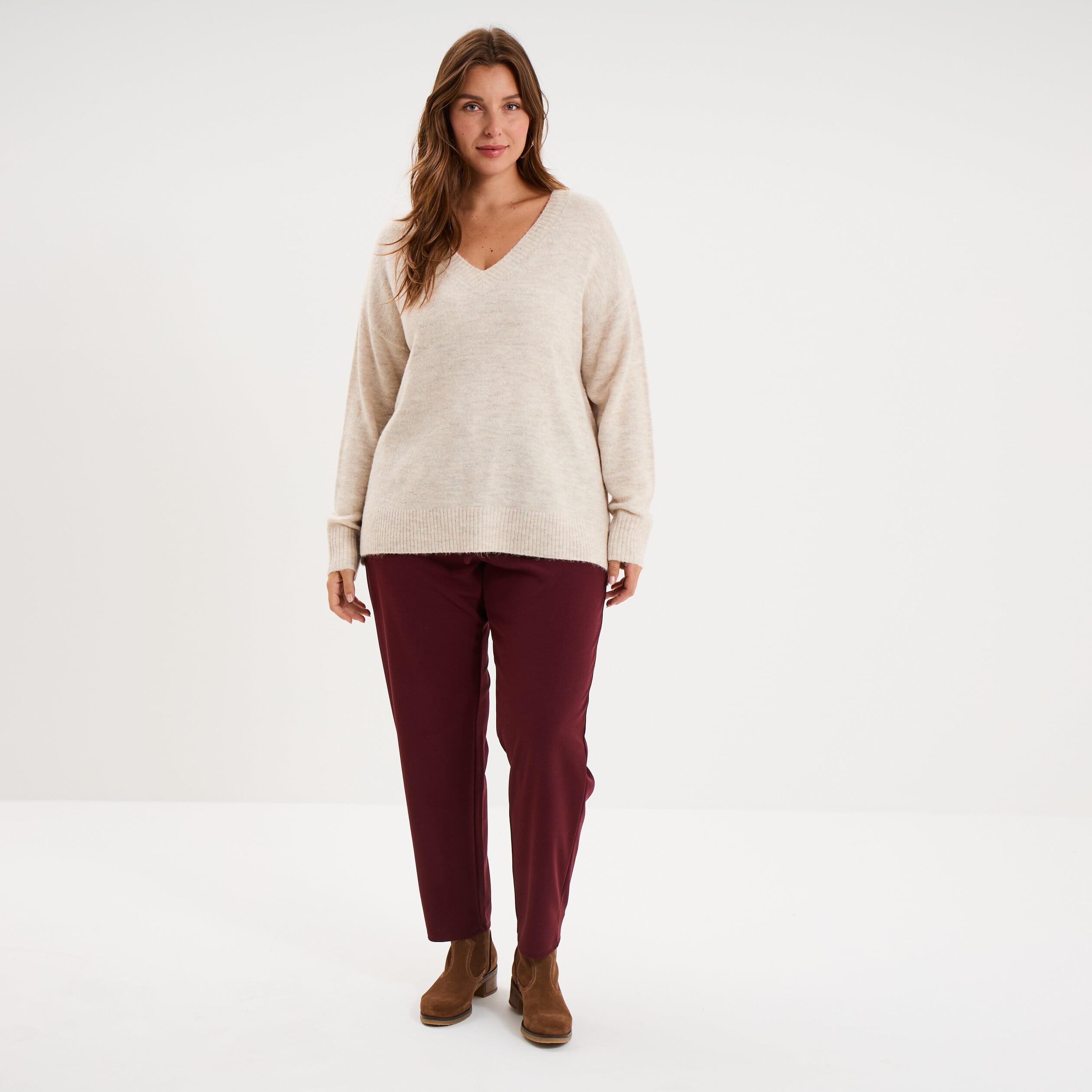 Pantalon cigarette ceintur&eacute; effet cr&ecirc;pe violet fonc&eacute; femme grande taille
