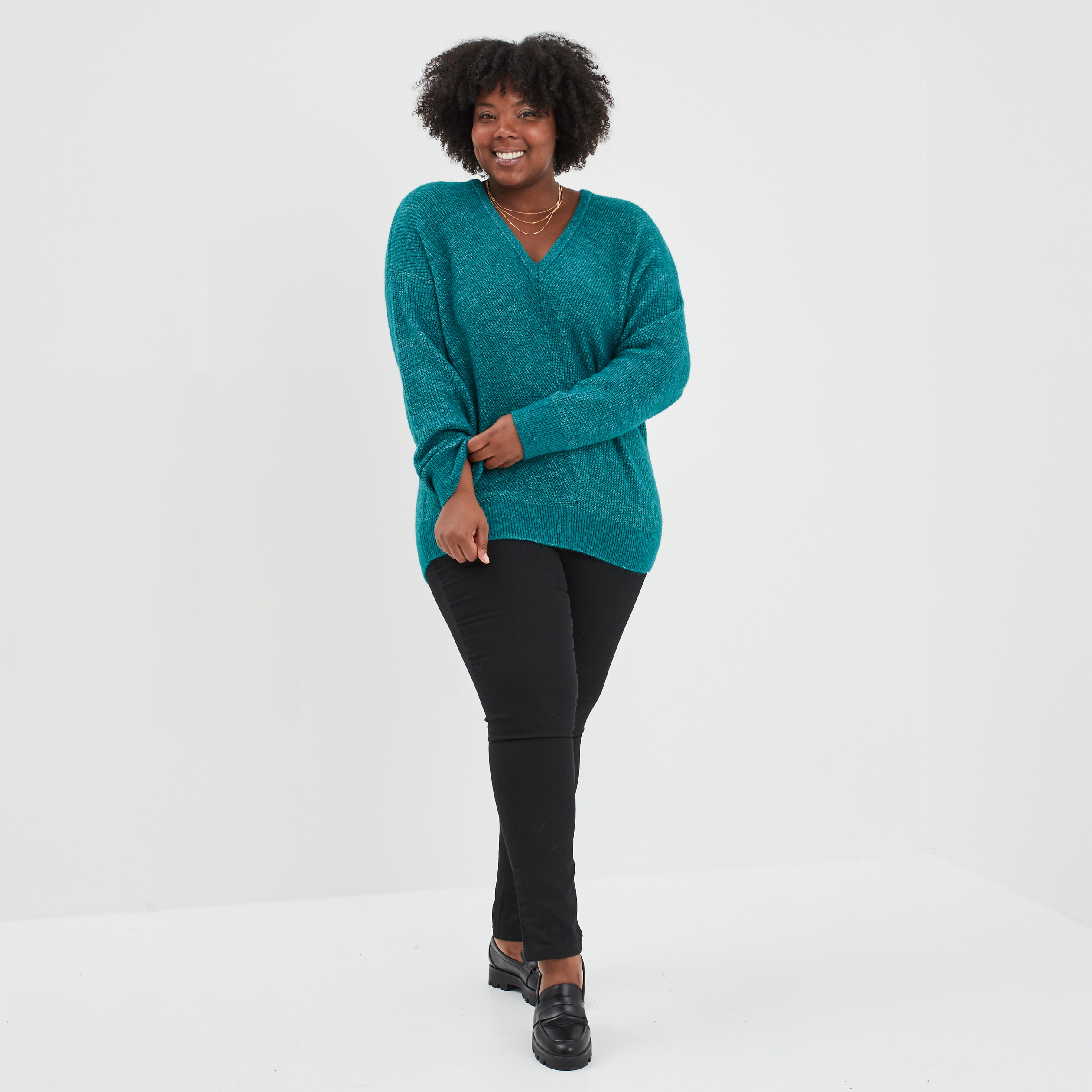 Pull manches chauves-souris col en V bleu canard femme grande taille