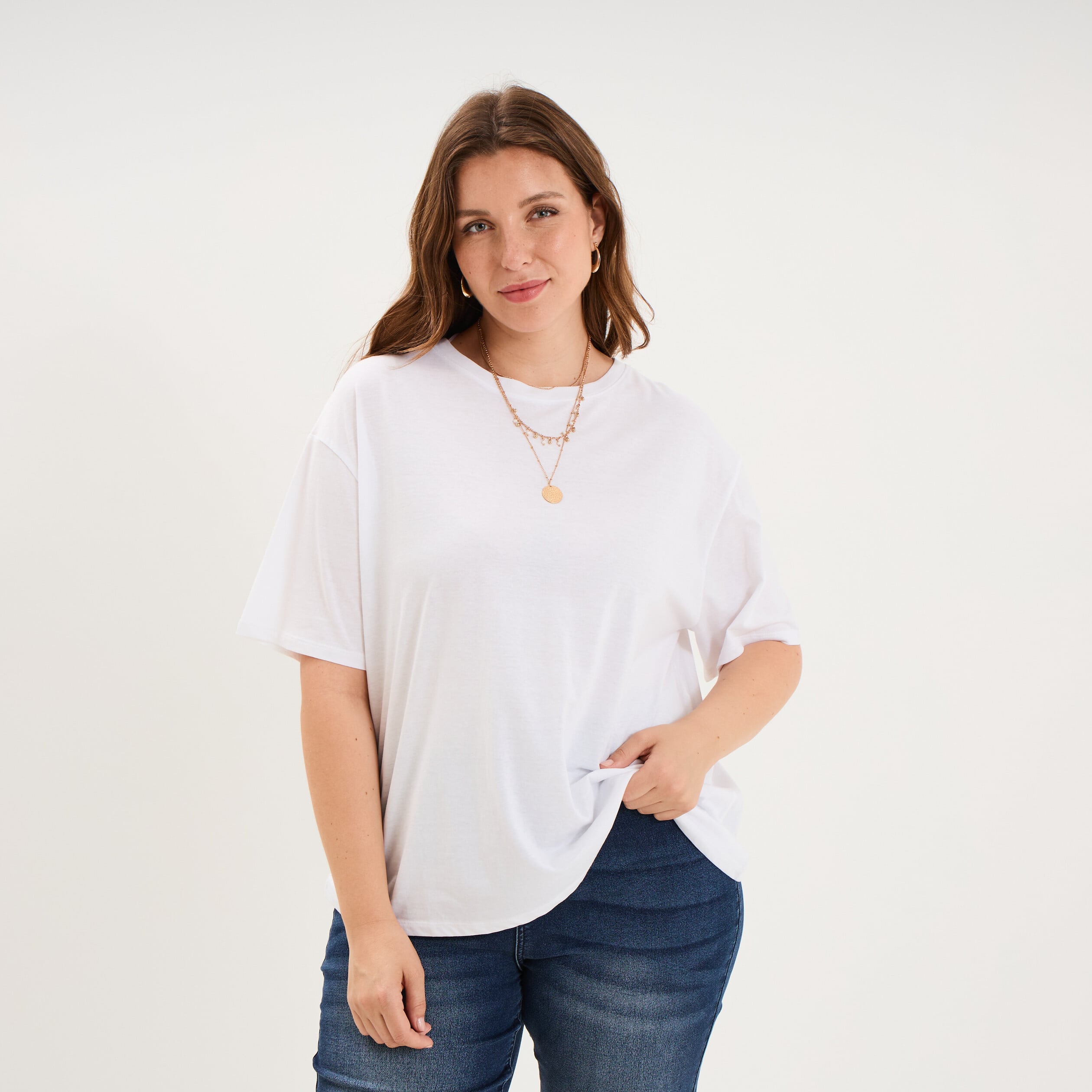 T-shirt col rond manches courtes coton blanc femme grande taille