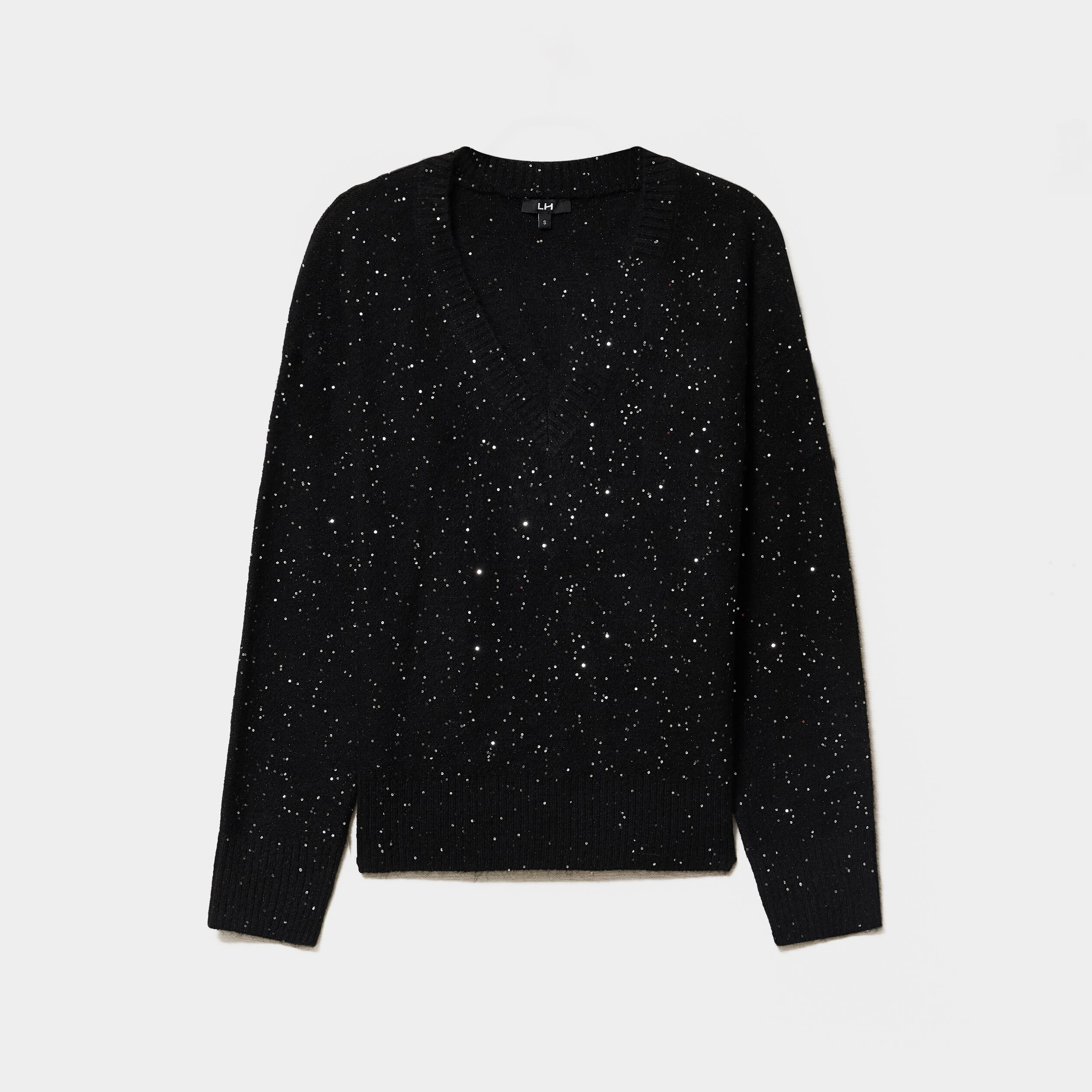 Pull col V &agrave; paillettes et sequins noir femme