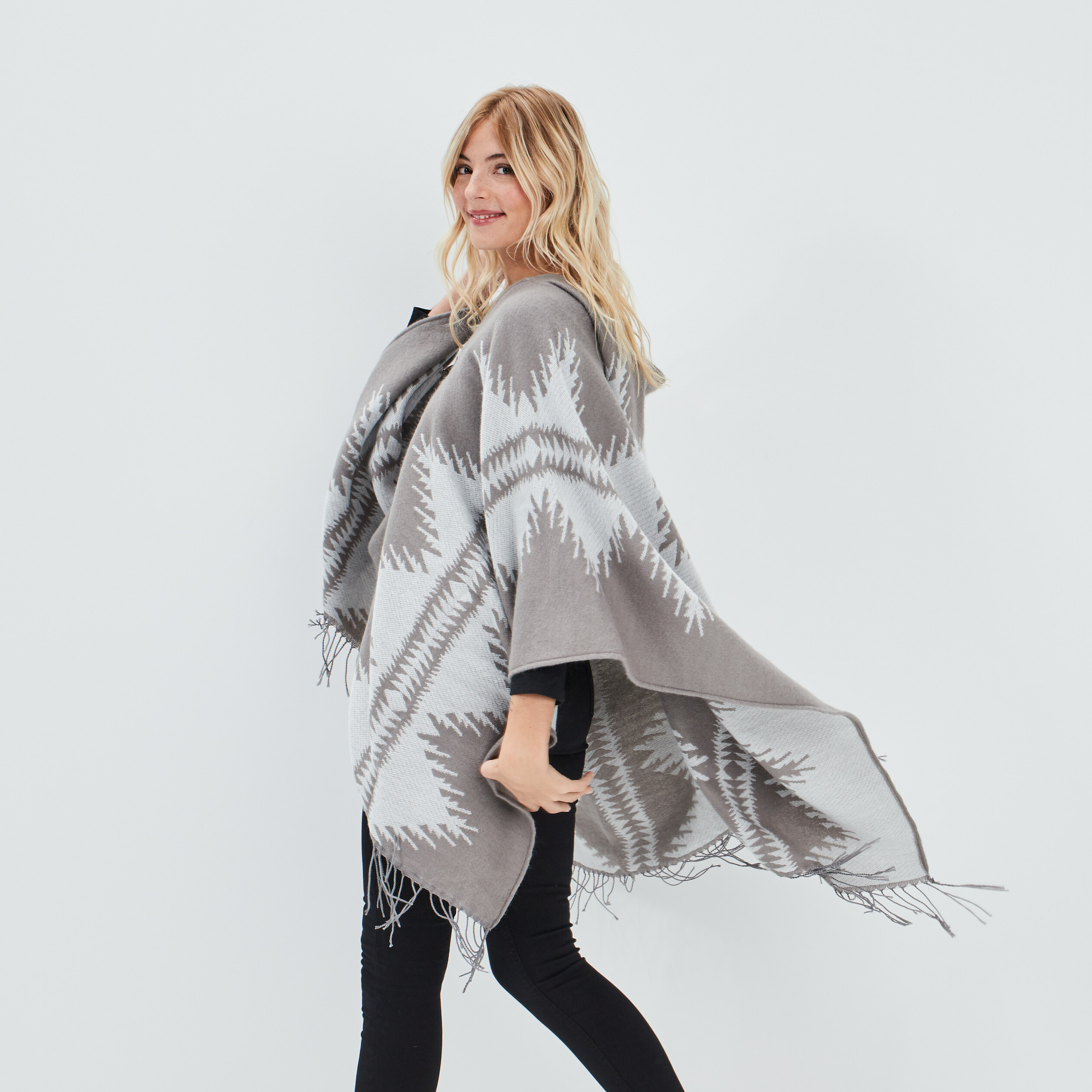 Poncho plaid à capuche taupe femme