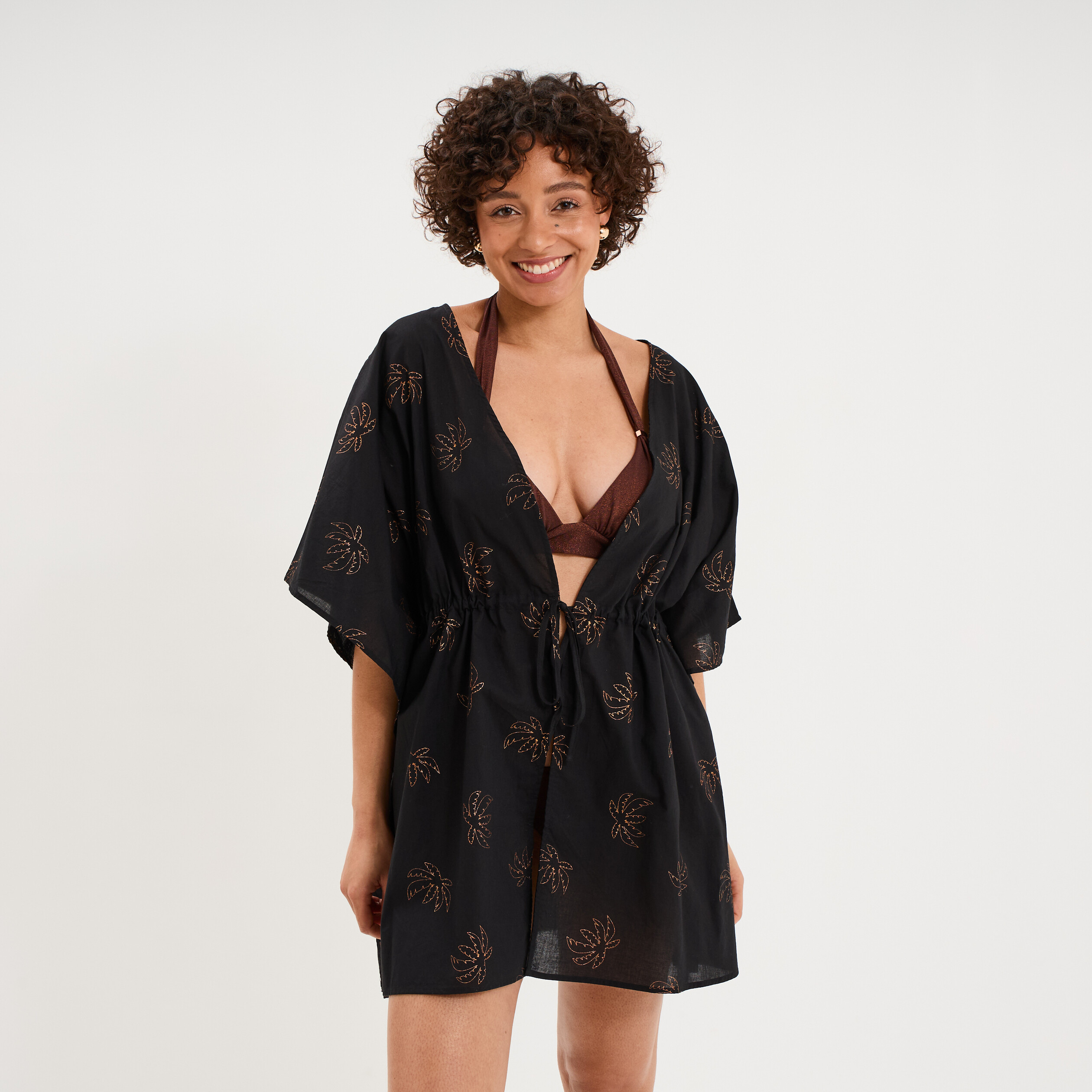 Robe de plage en coton col V noir femme