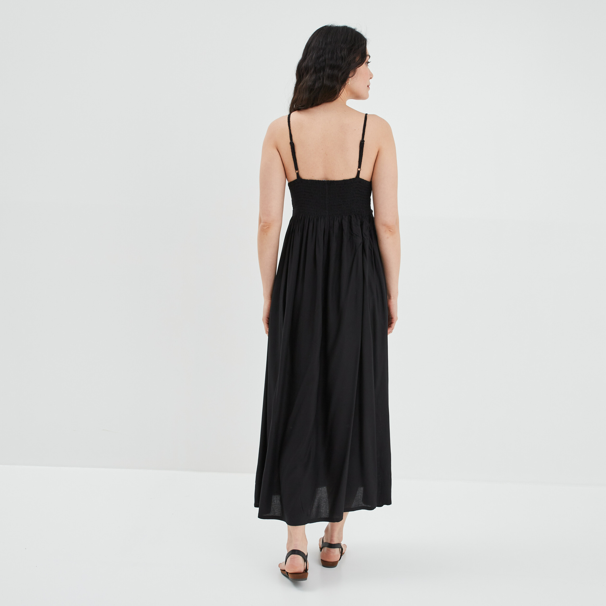 robe longue evasee buste macrame noir femme Robe longue évasée buste macramé noir femme