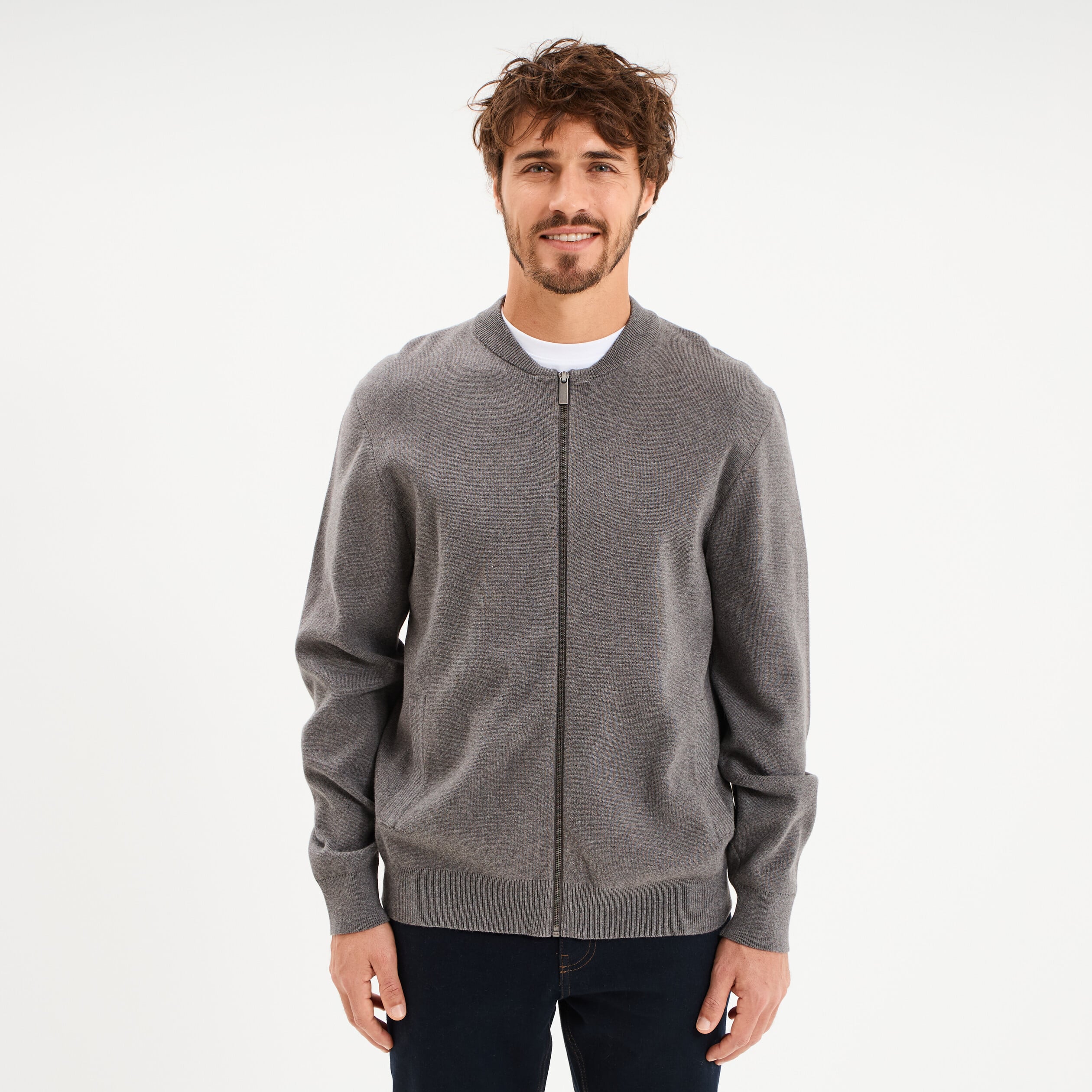 Gilet zipp&eacute; col teddy gris homme