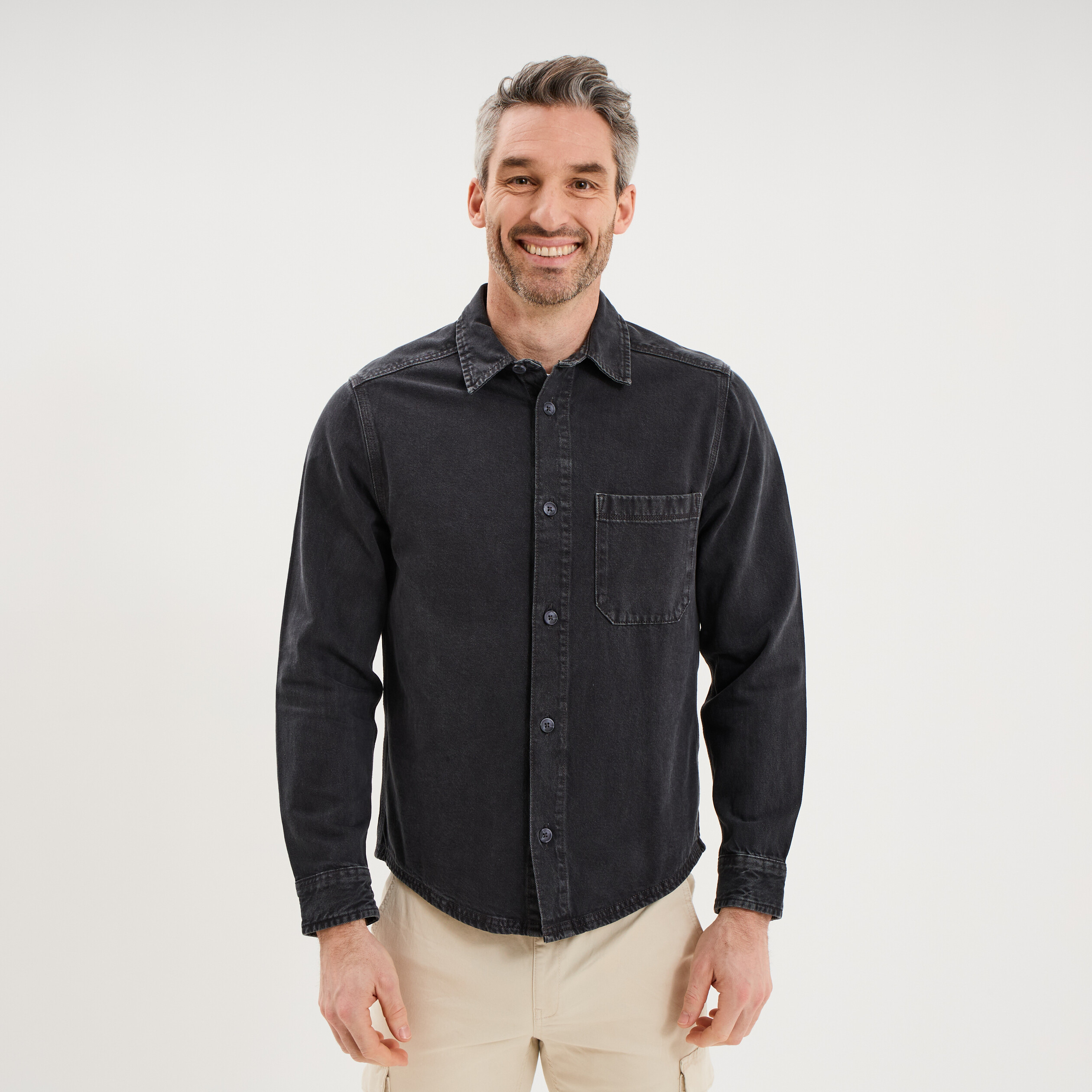 Surchemise en jean coton d&eacute;lav&eacute; gris fonc&eacute; homme