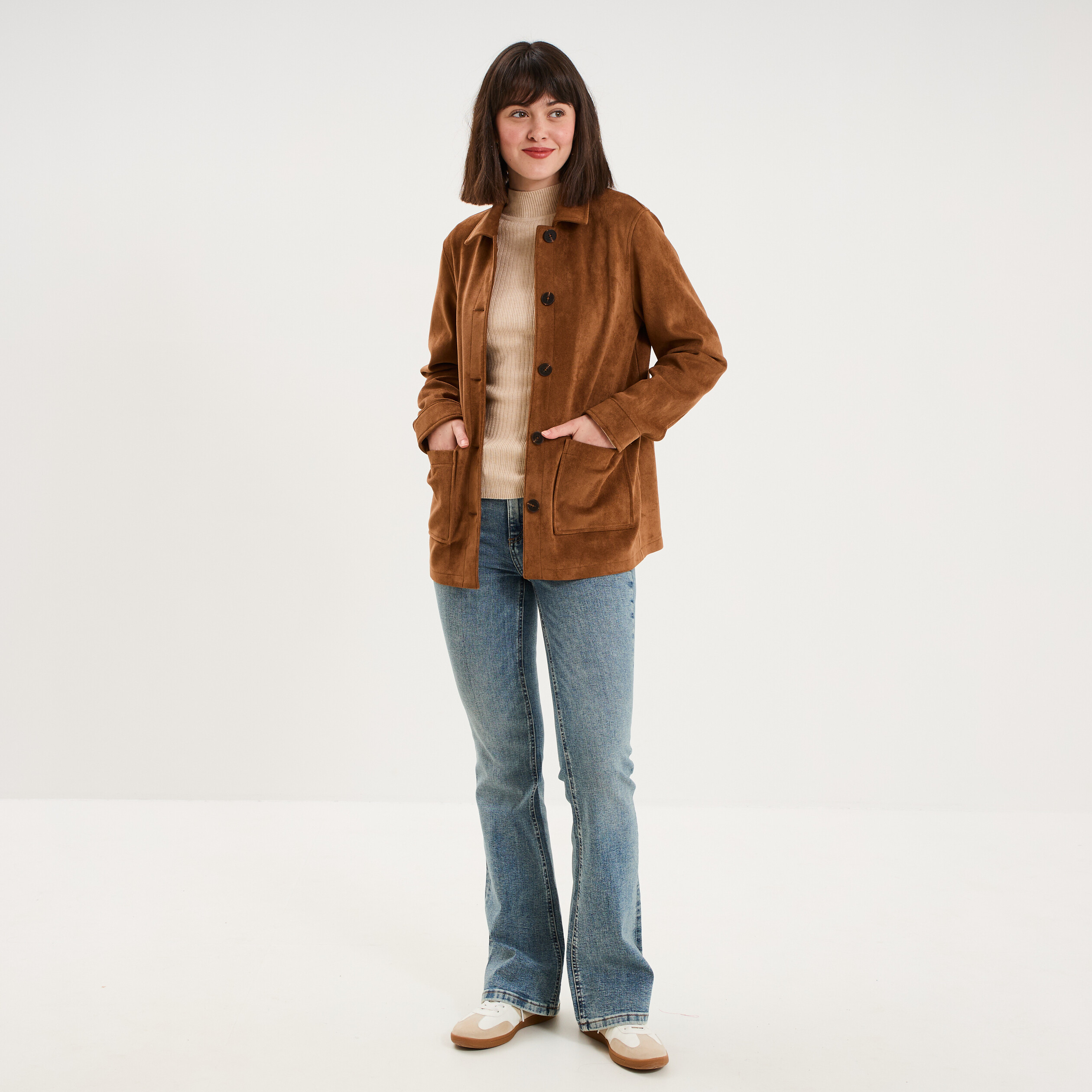 Veste effet su&eacute;dine boutonn&eacute;e camel femme