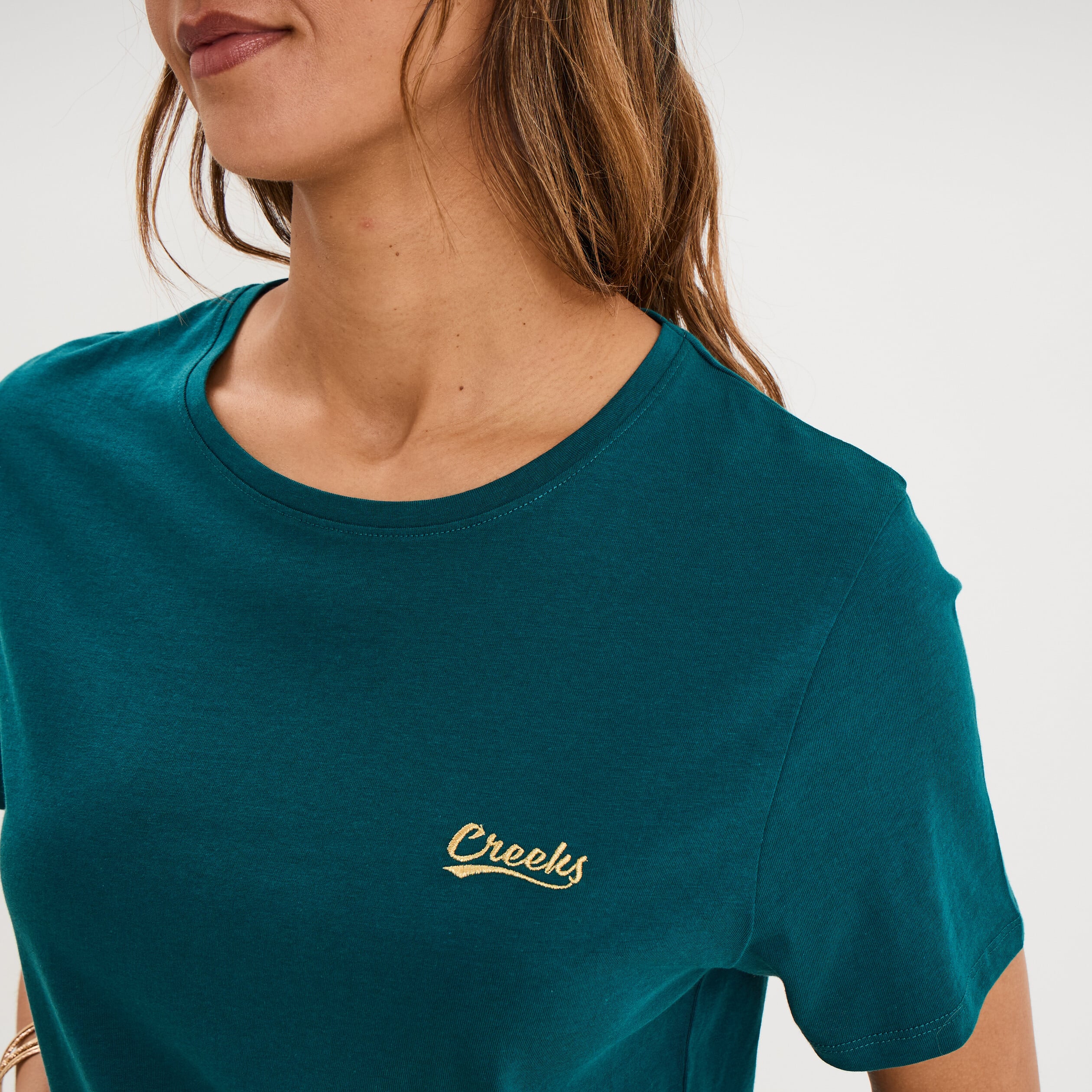 T-shirt col rond manches courtes vert fonc&eacute; femme