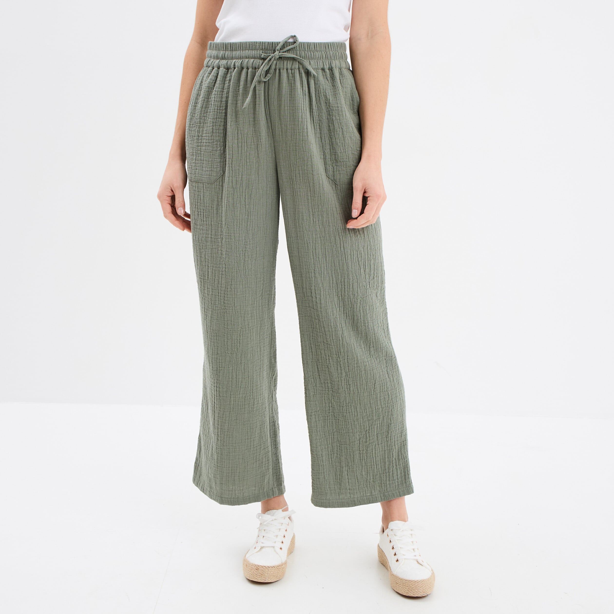 Pantalon fluide &eacute;lastiqu&eacute; gaze de coton vert kaki femme