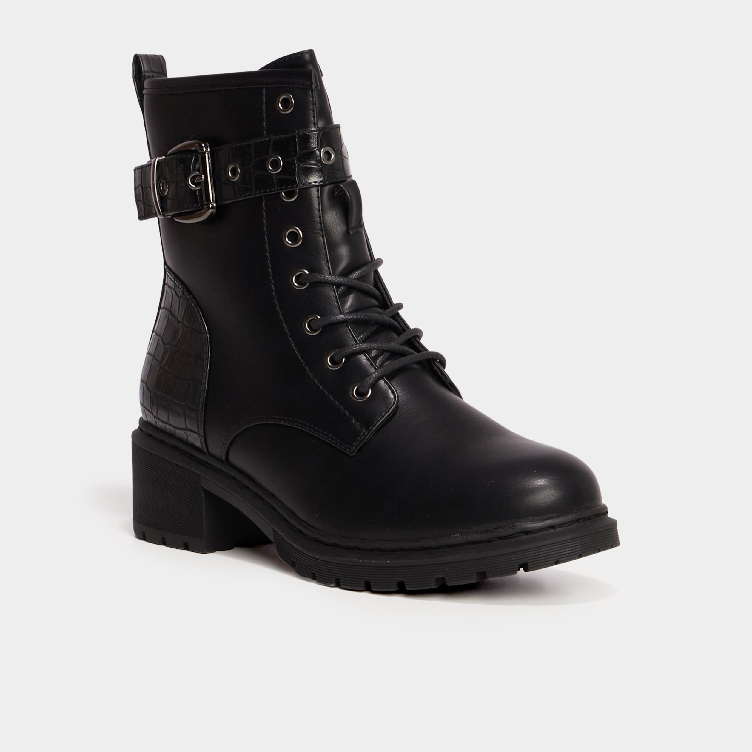 Bottines croco crant&eacute;es avec boucles noir femme