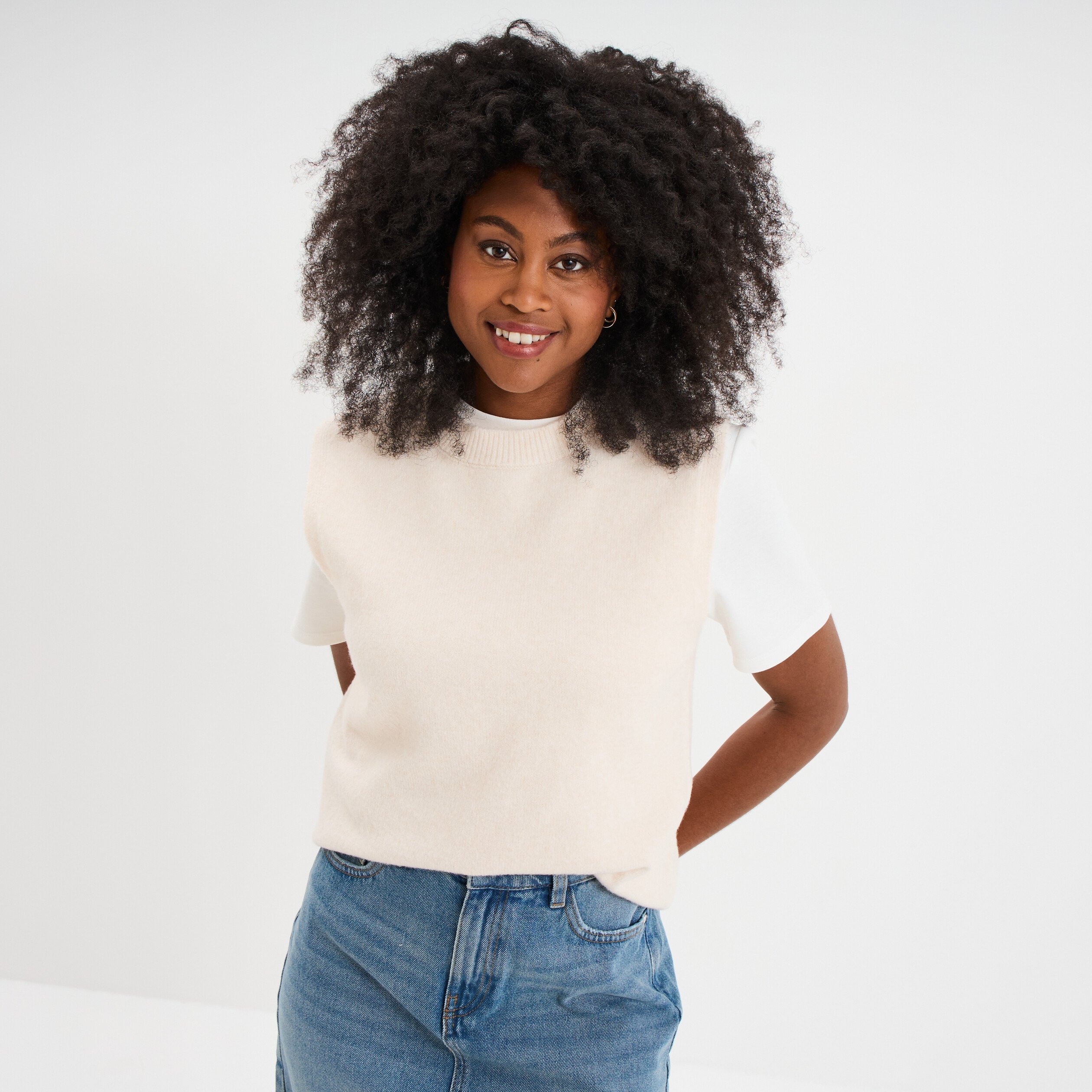 pull sans manches col rond beige femme Pull sans manches col rond beige femme