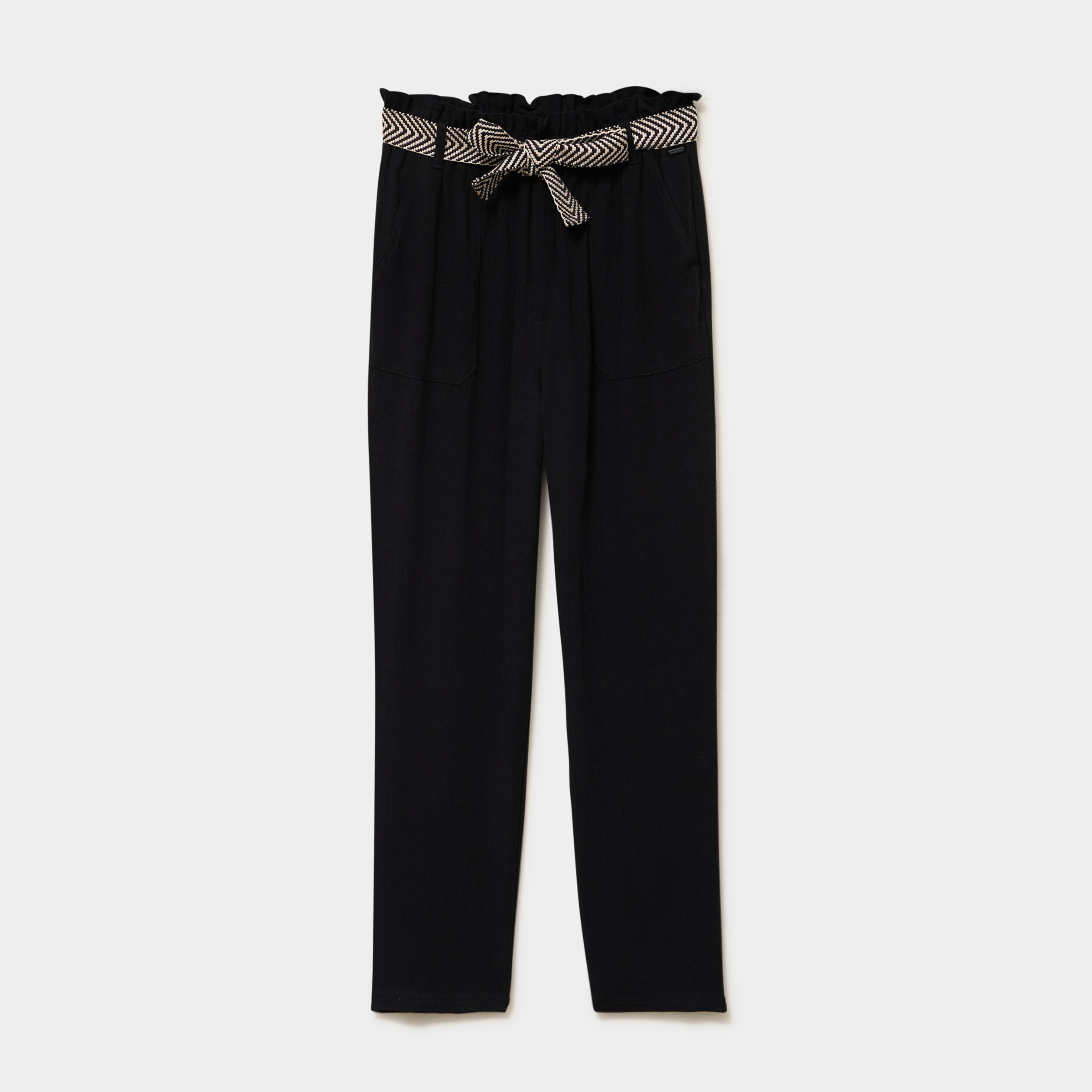 Pantalon paperbag &eacute;lastiqu&eacute; m&eacute;lange lin noir femme