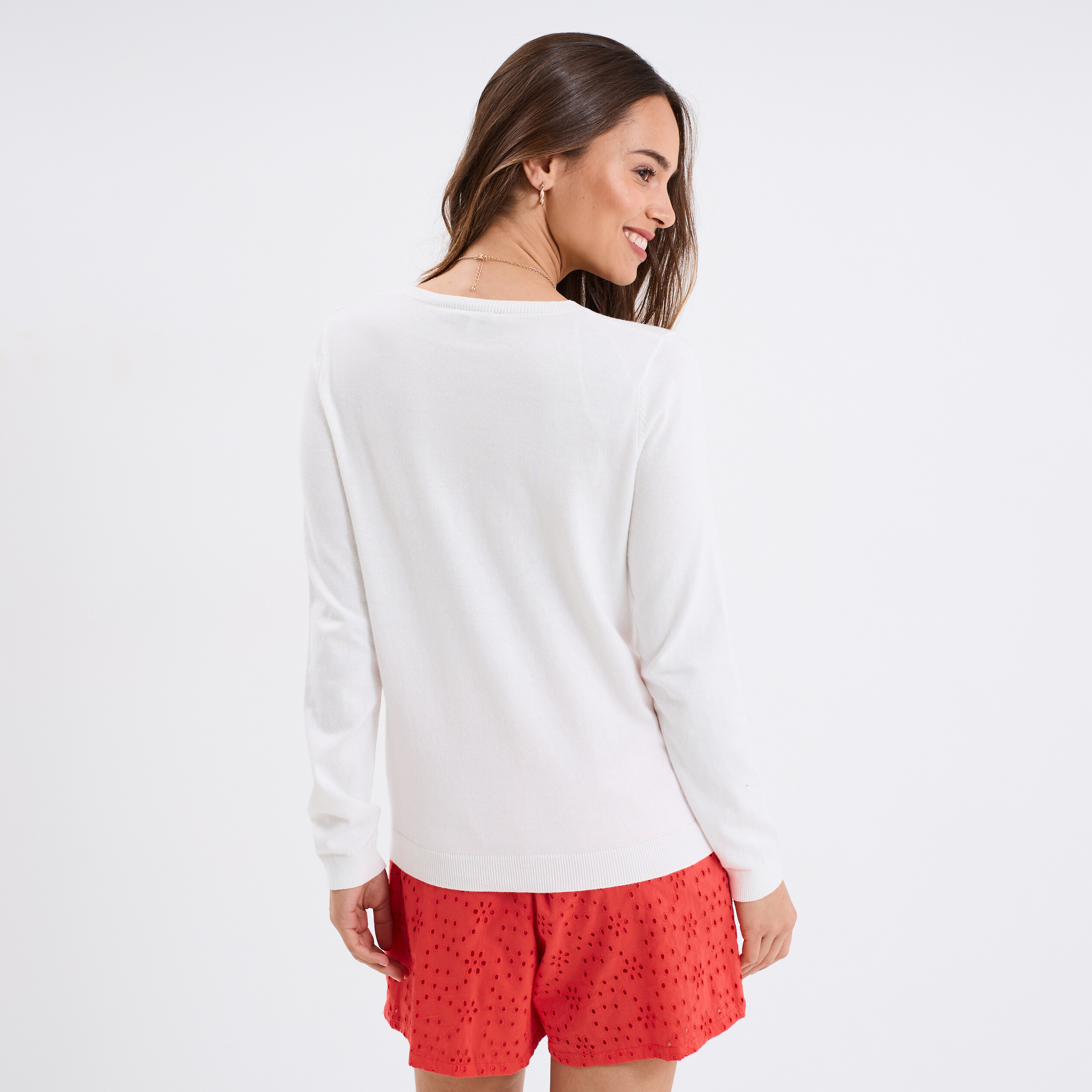 Gilet manches longues boutonné col rond ivoire femme