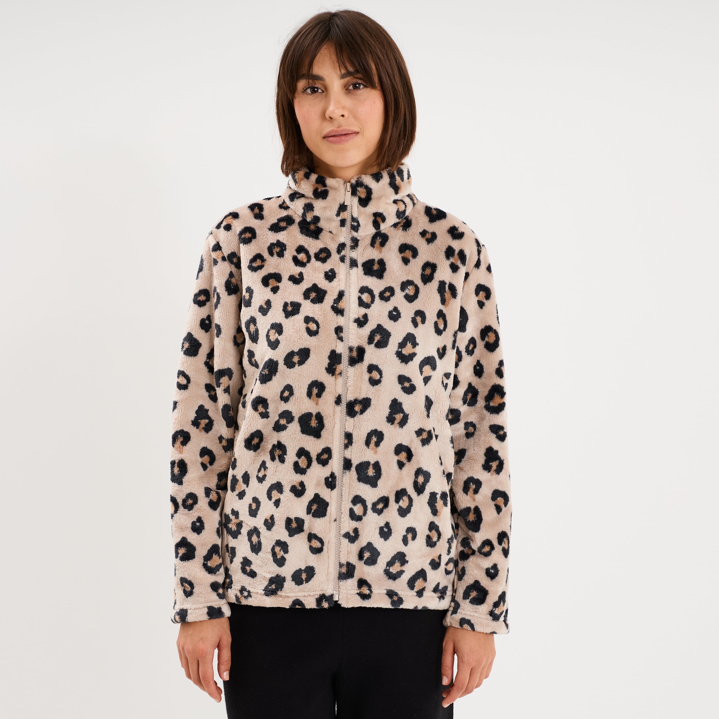 Veste de pyjama effet polaire zipp&eacute;e beige femme