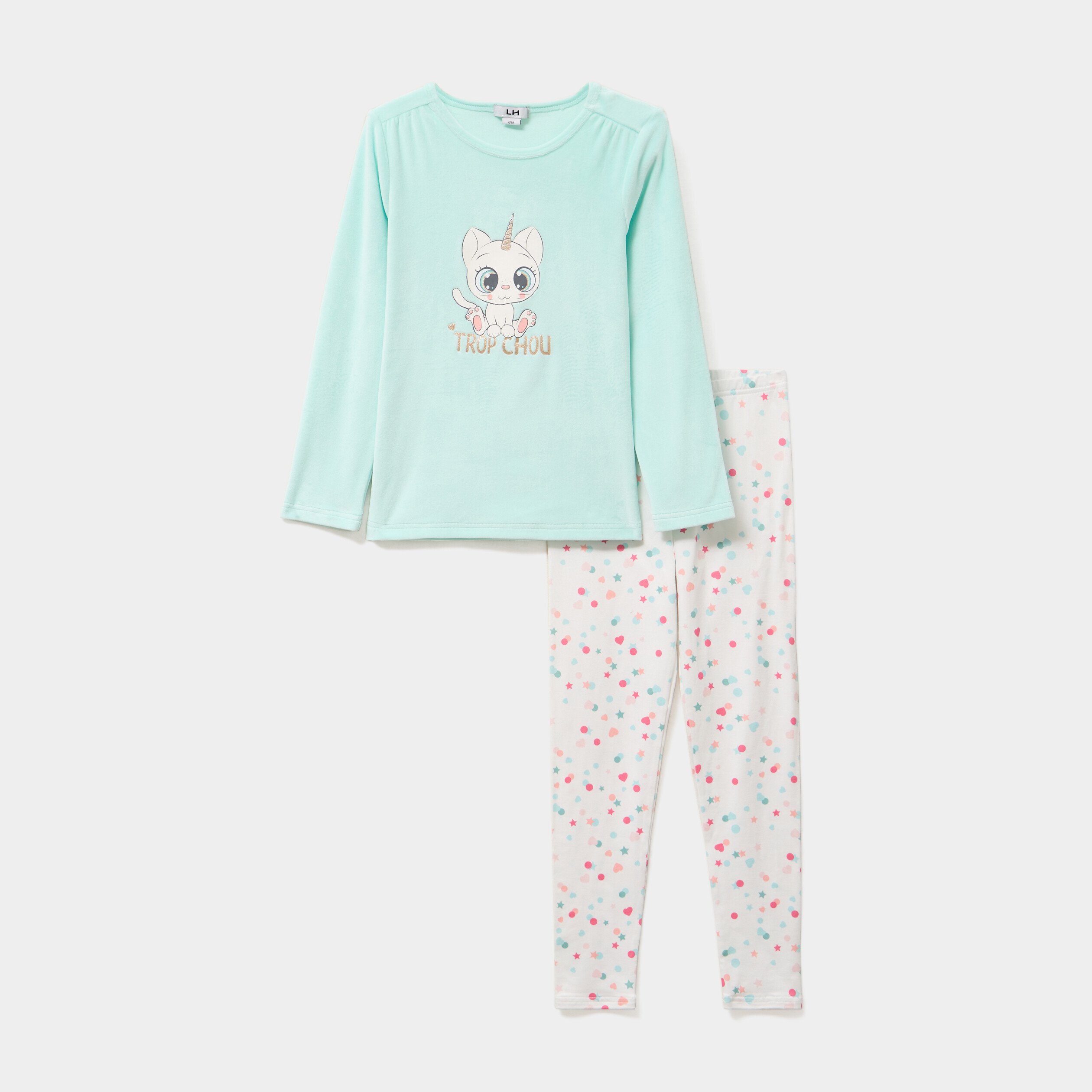 ensemble pyjama legging et t shirt bleu turquoise fille Ensemble pyjama legging et t-shirt bleu turquoise fille