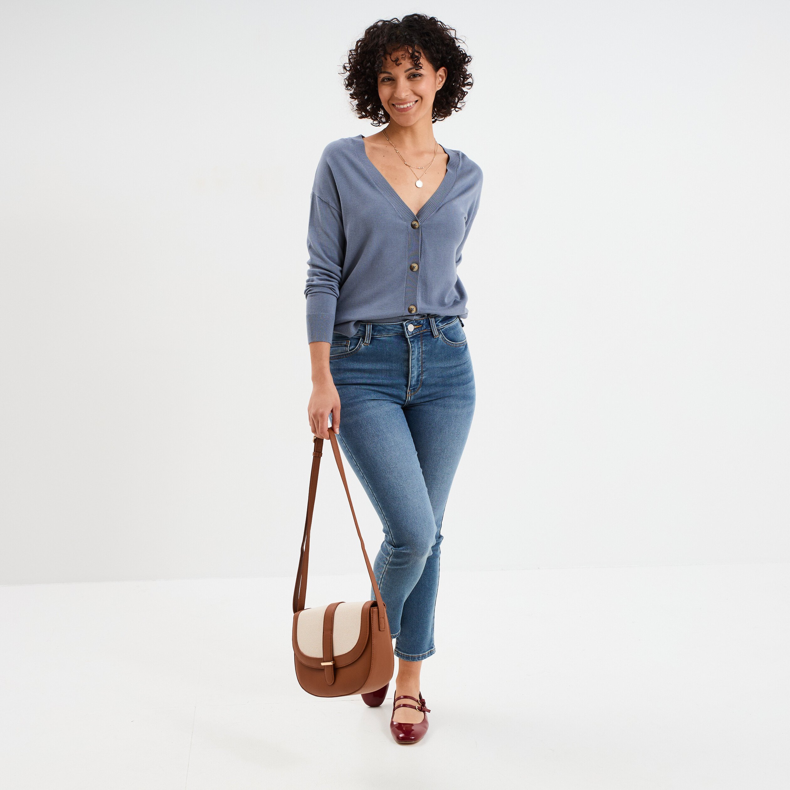 gilet col en v boutonne bleu gris femme Gilet col en V boutonné bleu gris femme