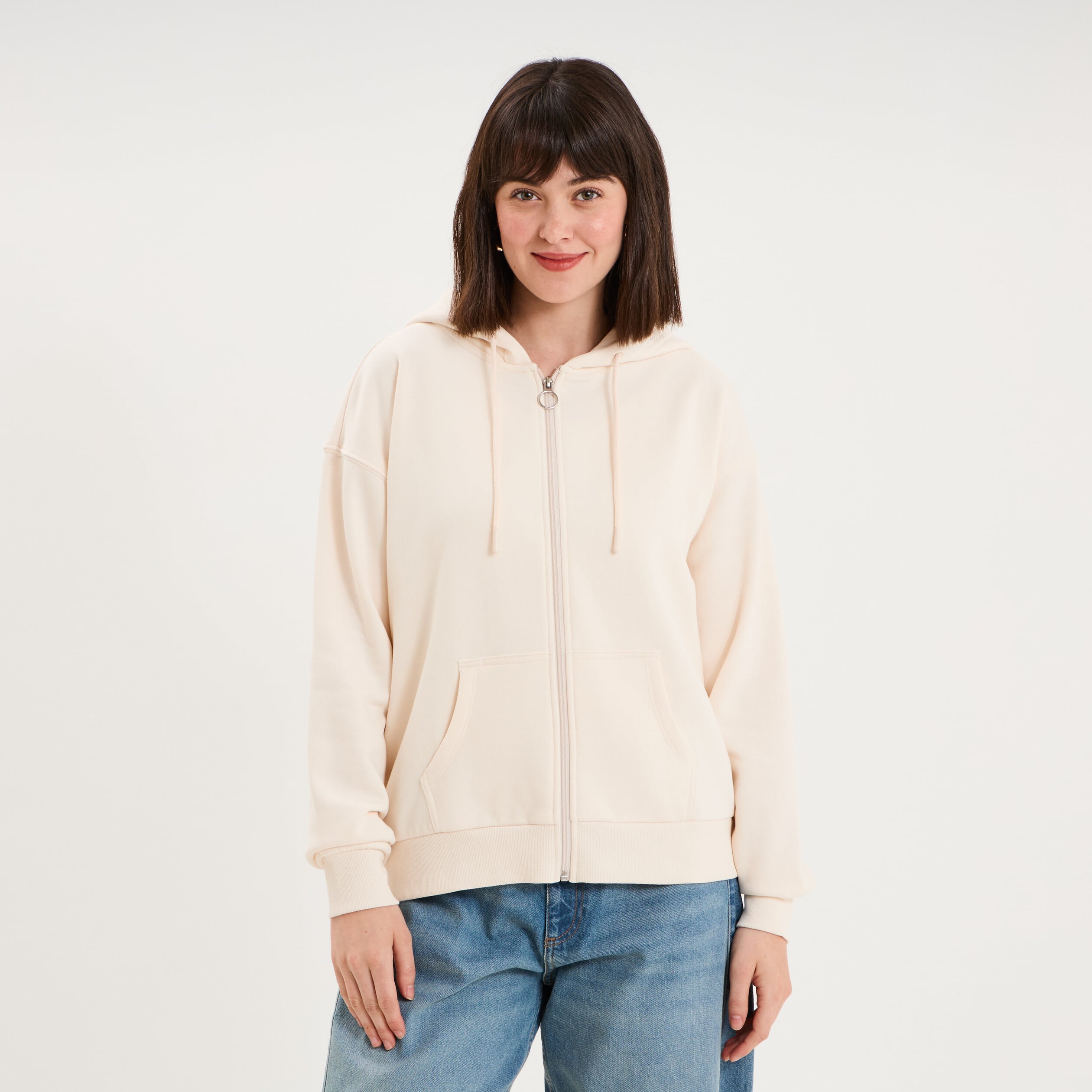 Sweat zipp&eacute; &agrave; capuche beige femme