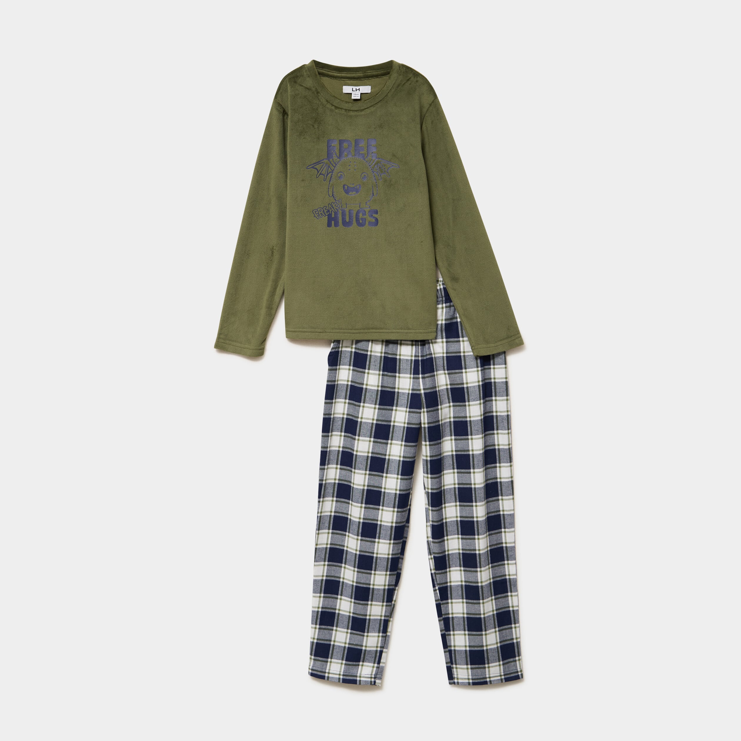 Ensemble pyjama t-shirt effet velours vert kaki gar&ccedil;on