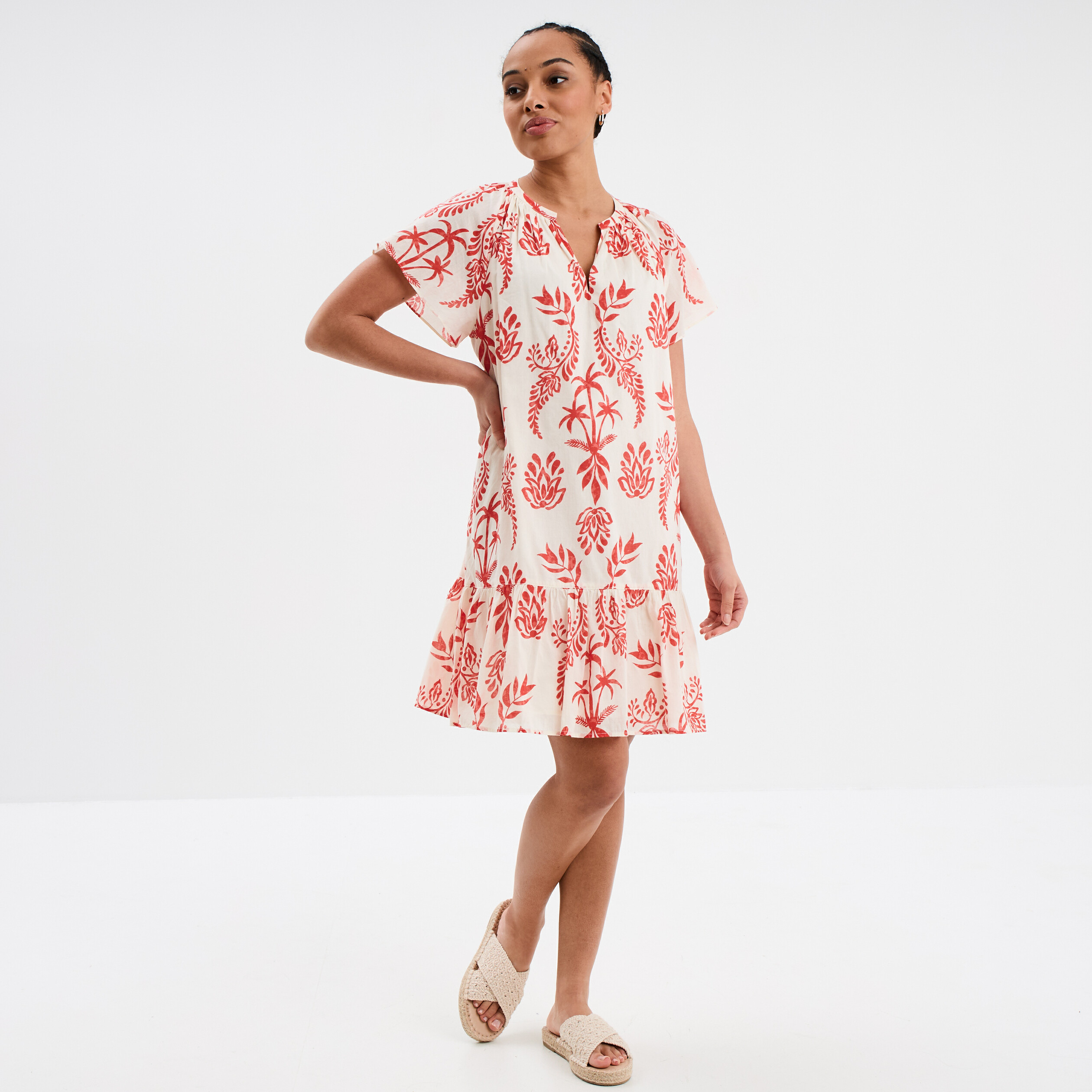robe trapeze manches papillons coton ecru femme Robe trapèze manches papillons coton ecru femme