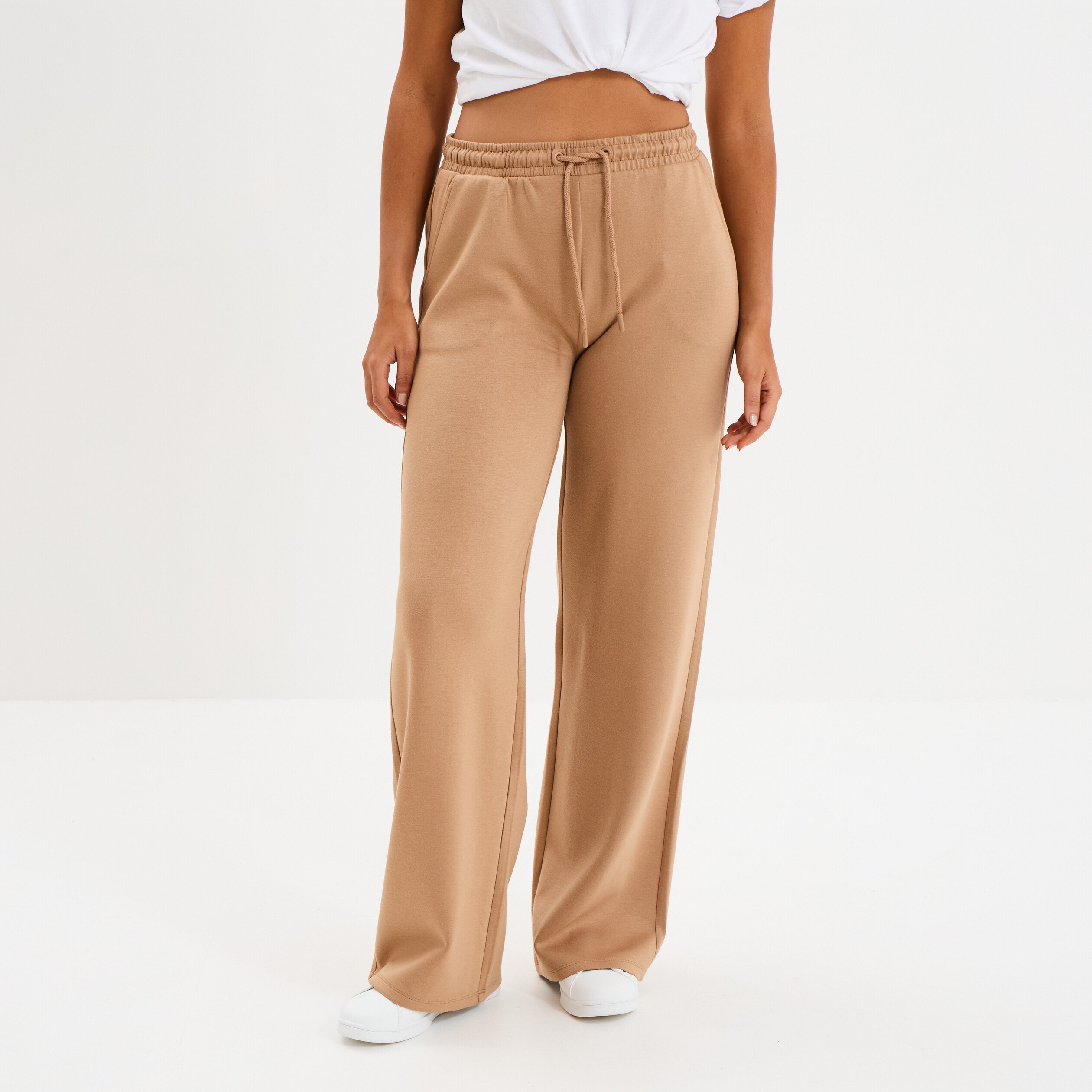 pantalon de jogging large elastique taupe femme Pantalon de jogging large élastiqué taupe femme