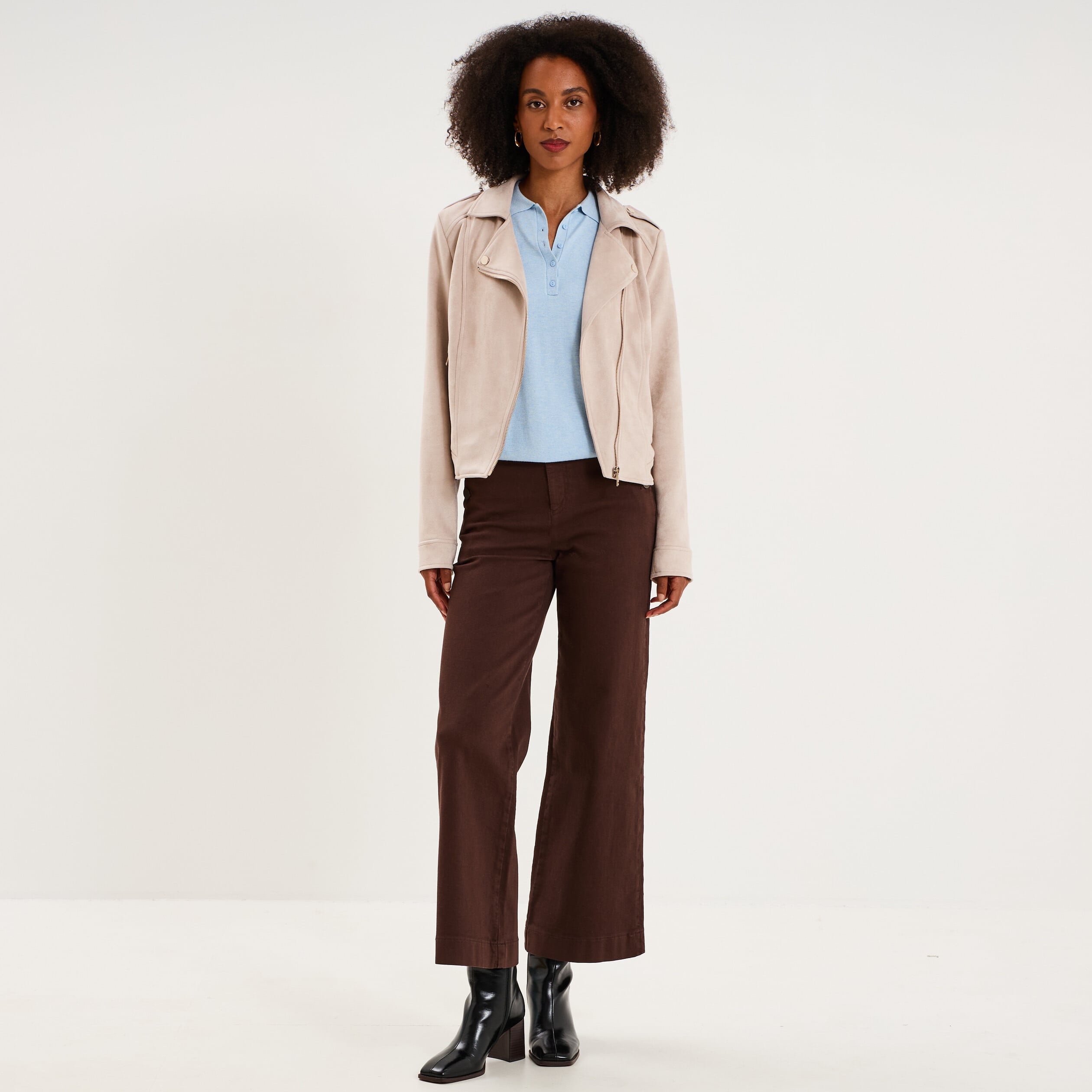 Veste biker en su&eacute;dine ajust&eacute;e beige femme