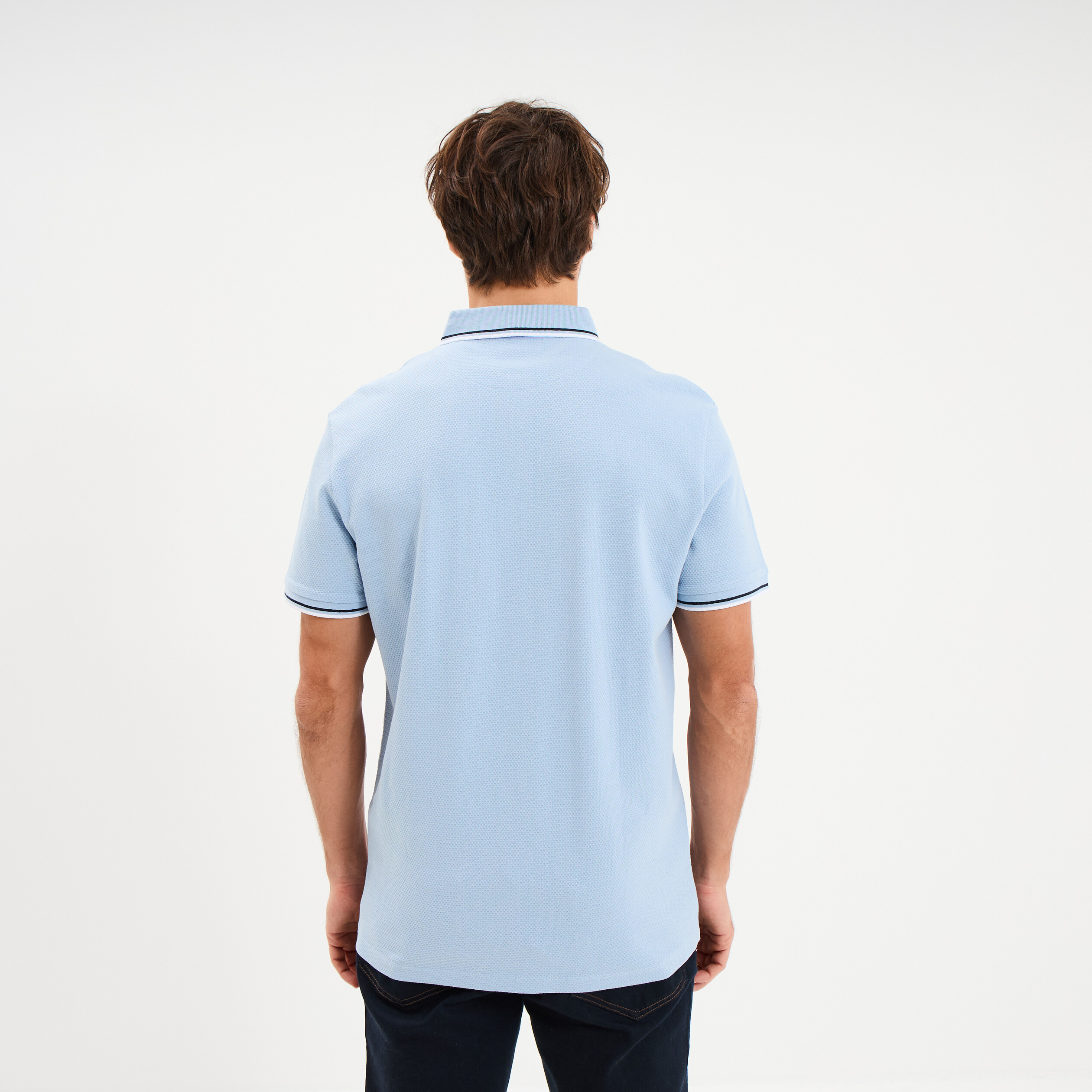 Polo piqu&eacute; manches courtes coton bleu ciel homme