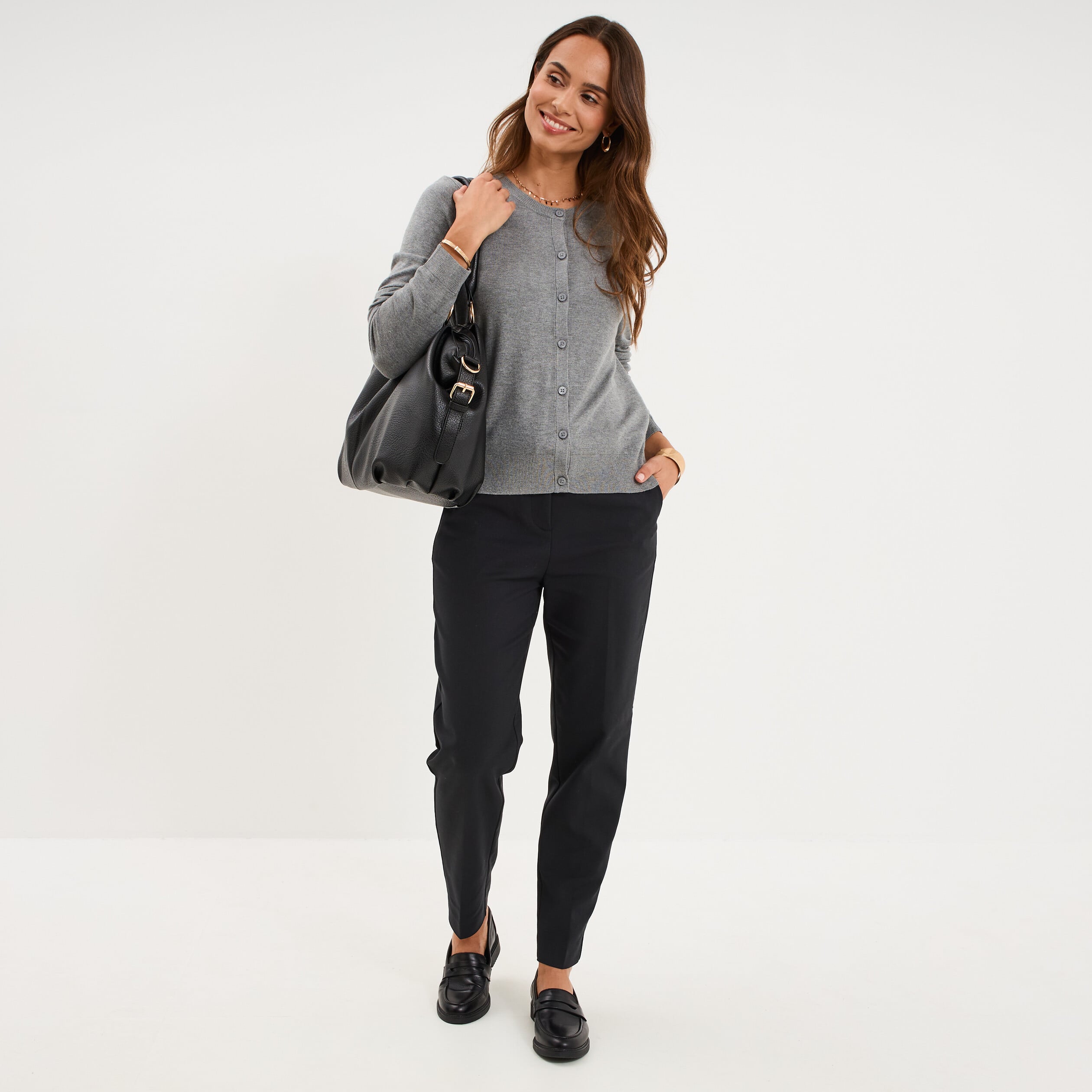 Gilet col rond manches longues gris femme