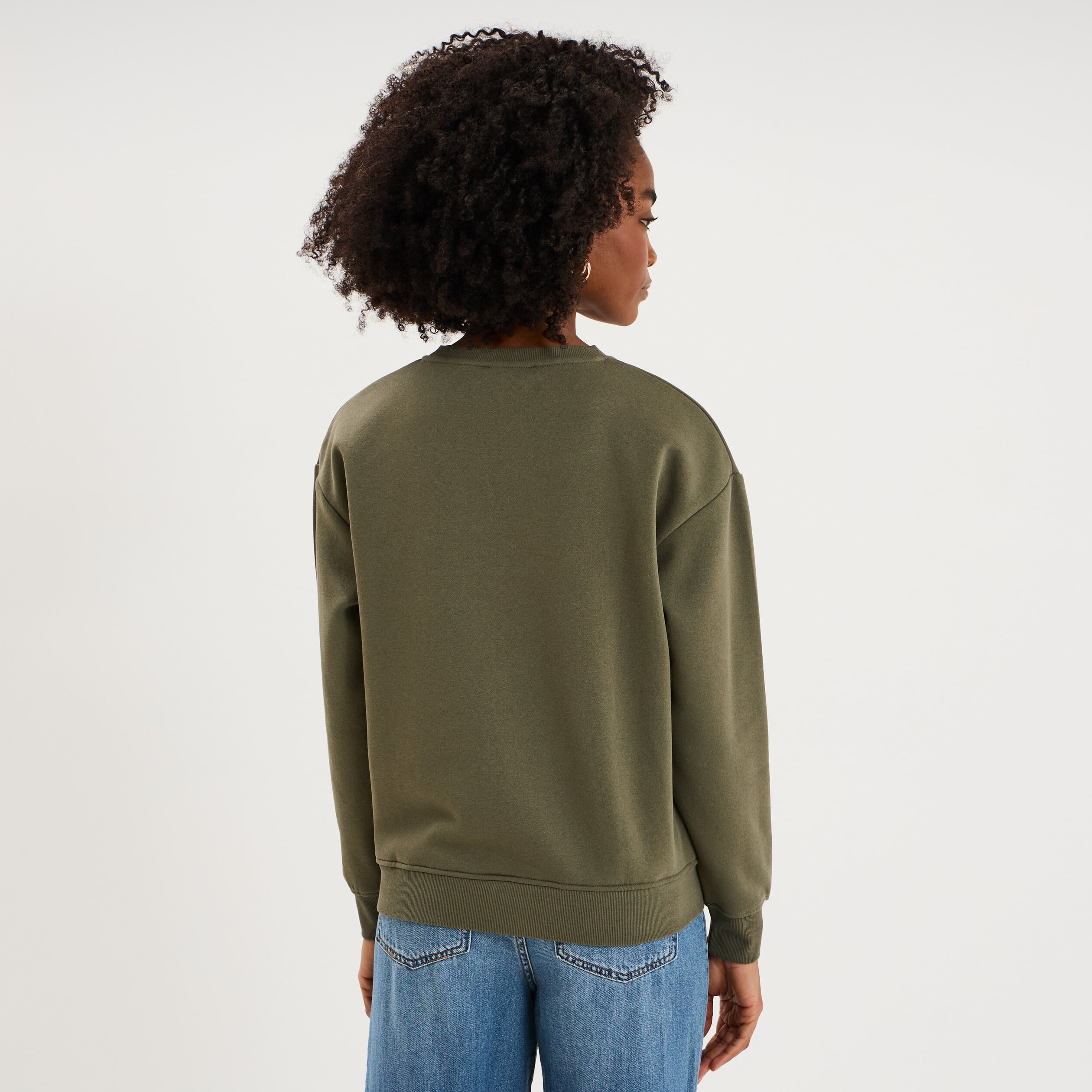 Sweat col rond manches longues vert kaki femme
