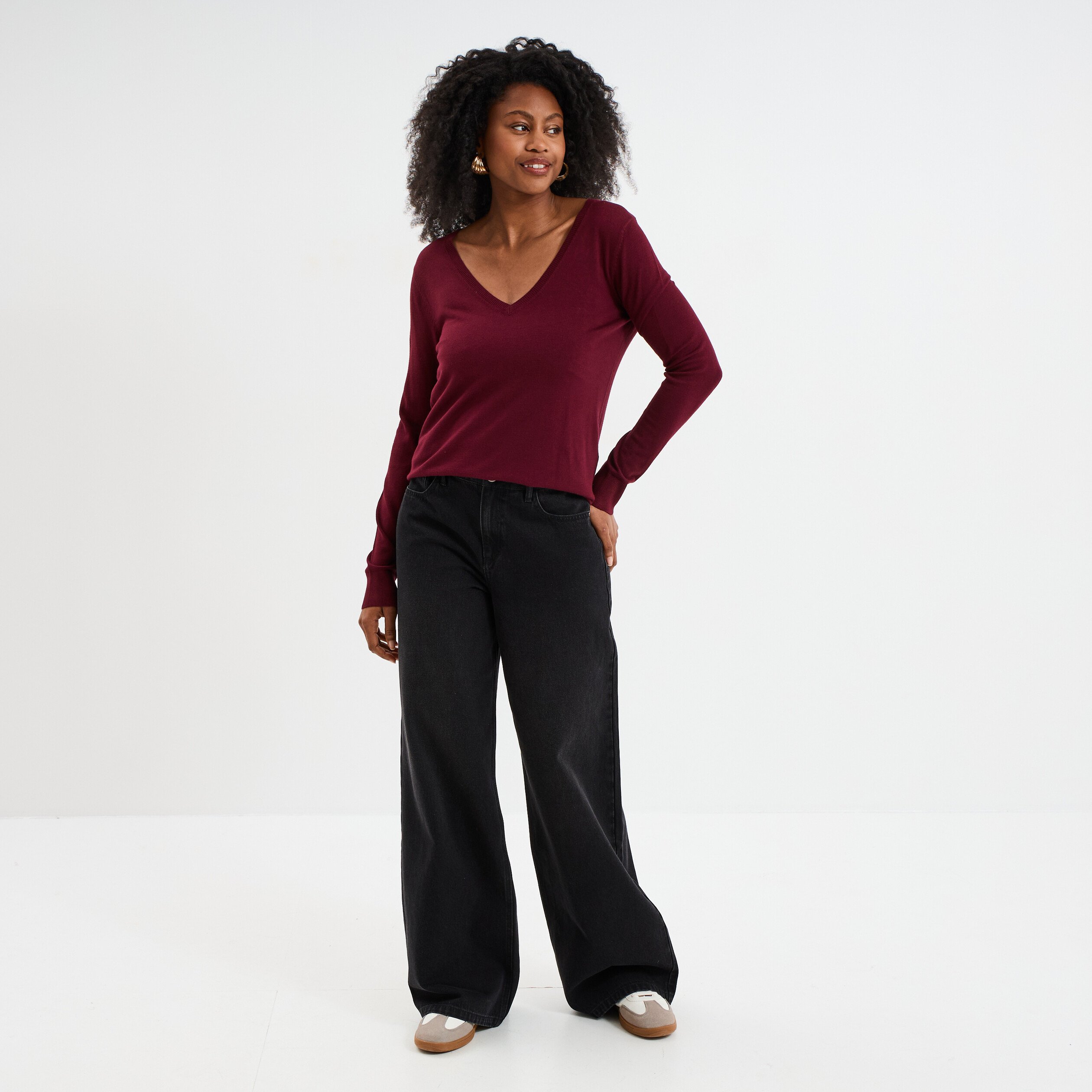 Pull col en V manches longues bordeaux femme