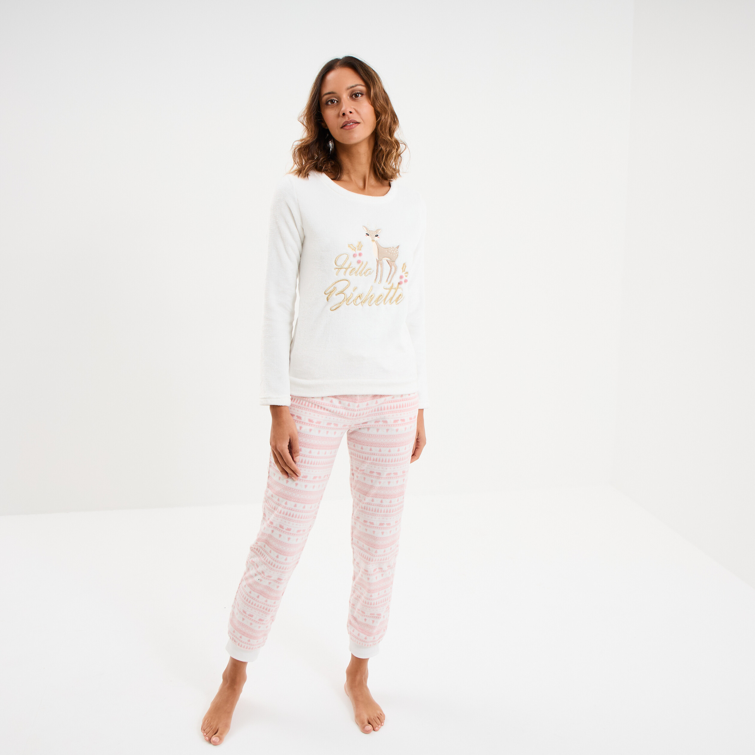 Ensemble pyjama effet velours 2 pi&egrave;ces blanc femme